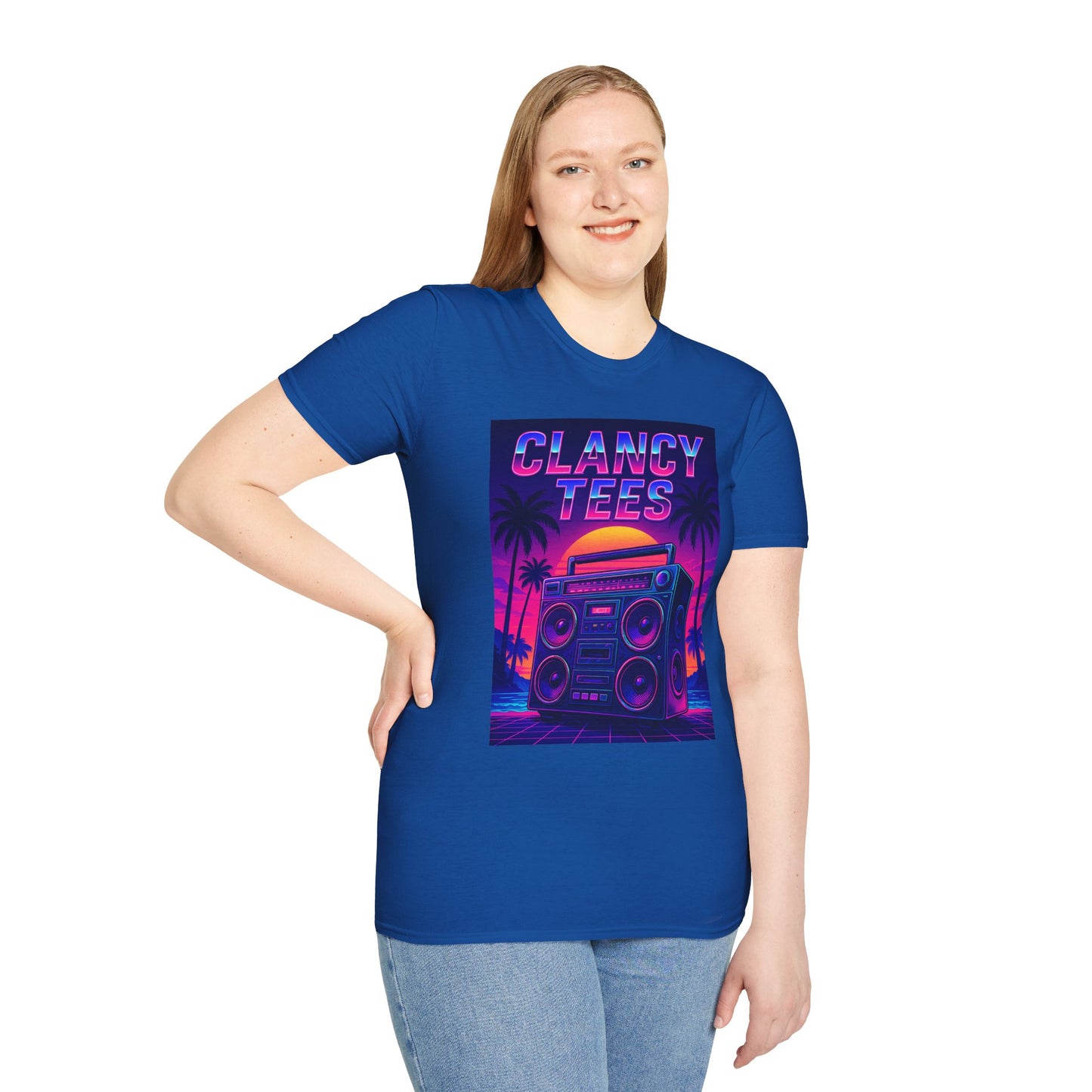 Retro Boombox Sunset Tee – Vaporwave Clancy Tees Shirt – Gift for 80s Kids, Music Lovers, Synthwave Fans & Nostalgic Neon Dreamers