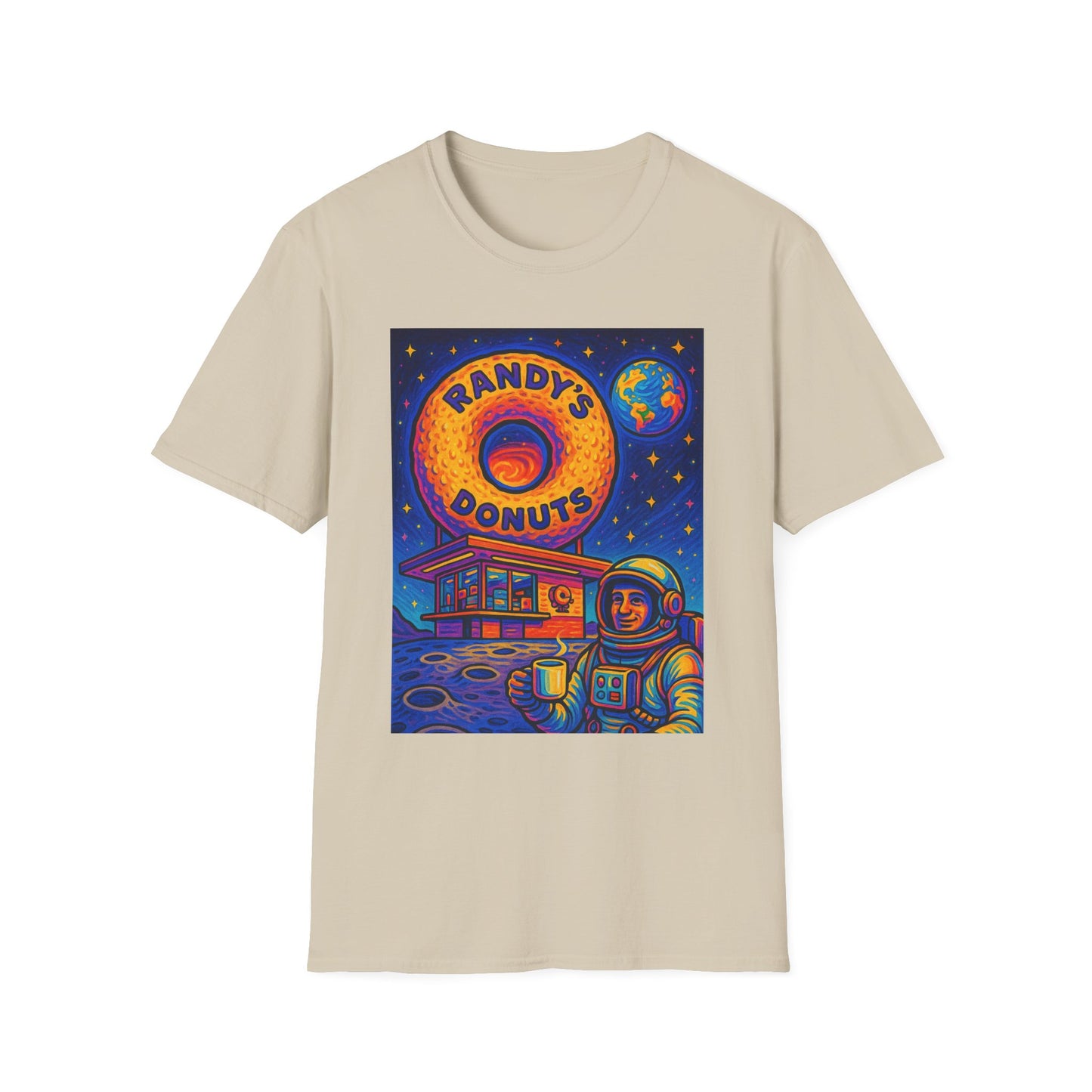 Space Donut T-Shirt – Retro Sci-Fi Astronaut Holding Coffee on the Moon – Gift for Foodies, Dreamers, and Outer Space Humor Fans