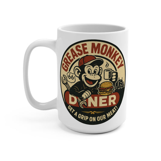 Grease Monkey Diner Mug Retro Funny Coffee Cup Vintage Humor Ceramic Gift For Coworkers