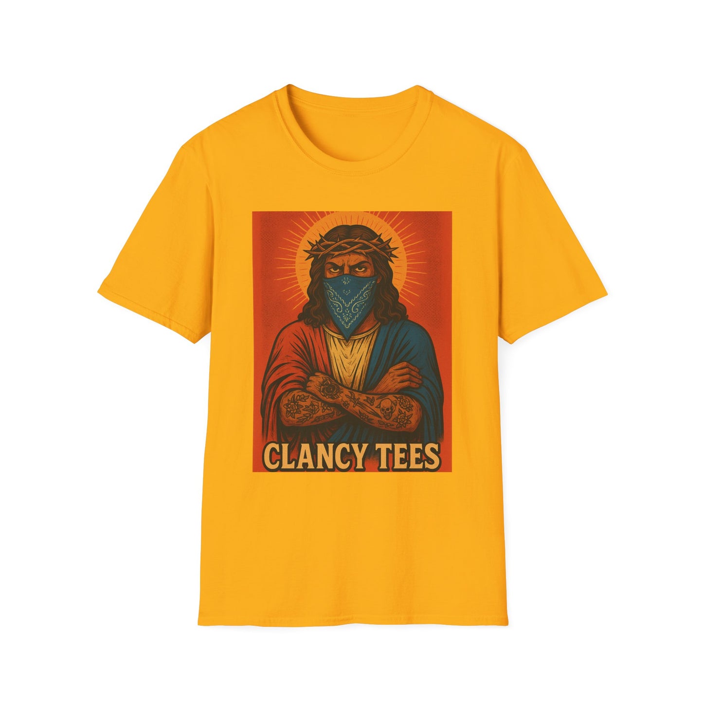 Gangsta Jesus Tattoo Shirt – Bold Religious Parody Tee with Face Mask – Street Art Style Graphic – Gift for Rebels, Sinners, and Faithful Rule-Breakers