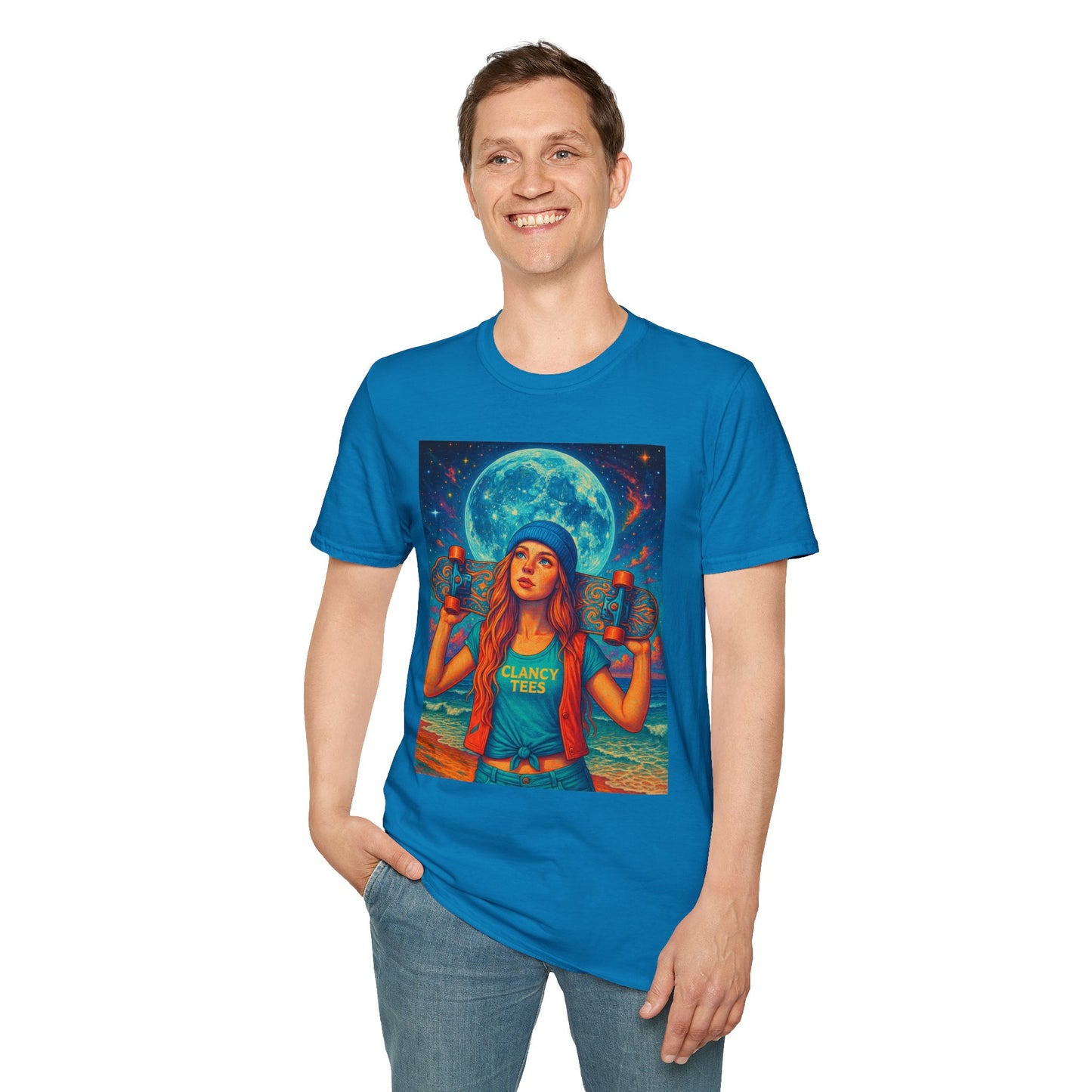 Bohemian Skater Girl Graphic Tee, Unisex T-Shirt with Moon & Nature Design, Perfect for Festivals, Gift for Nature Lovers, Summer Vibes, Casual Wear