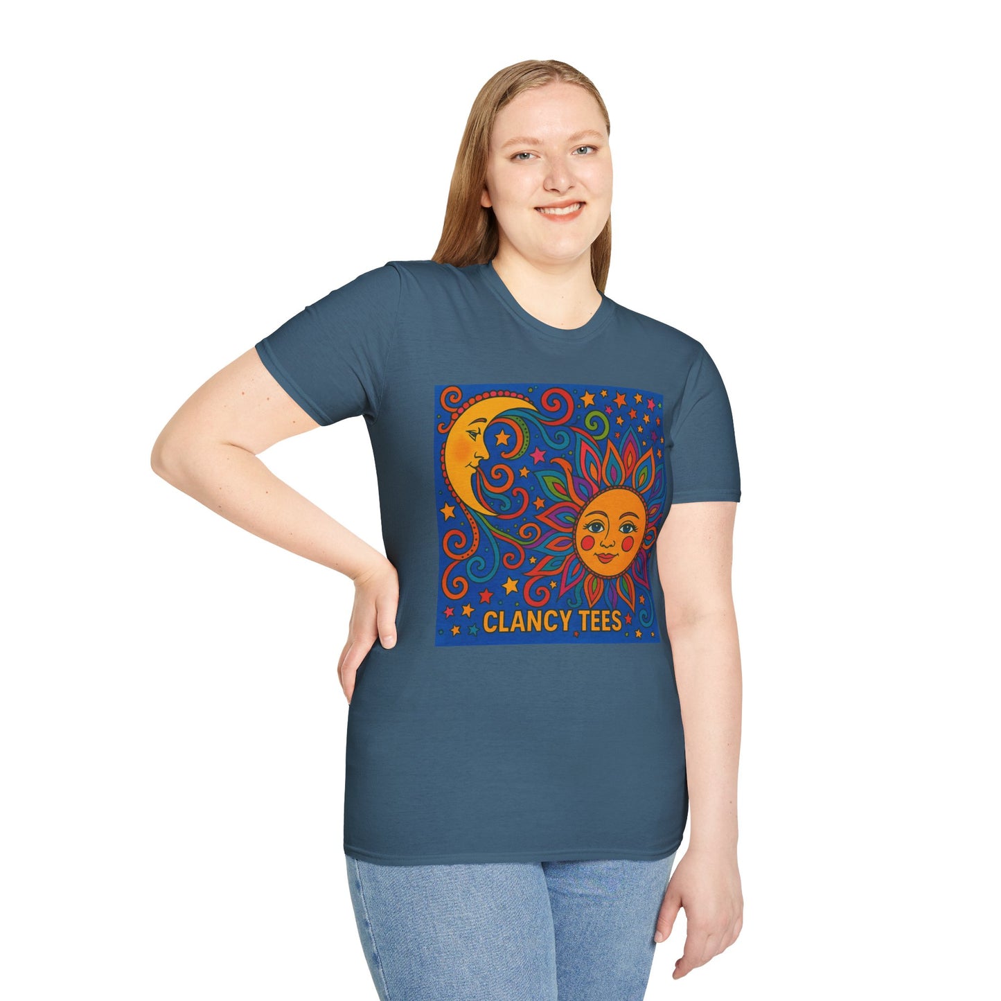 Sun and Moon Vibrant Tee, Unisex Softstyle T-Shirt for Summer Vibes, Boho Fashion, Gift for Her, Festival Wear, Casual Wear