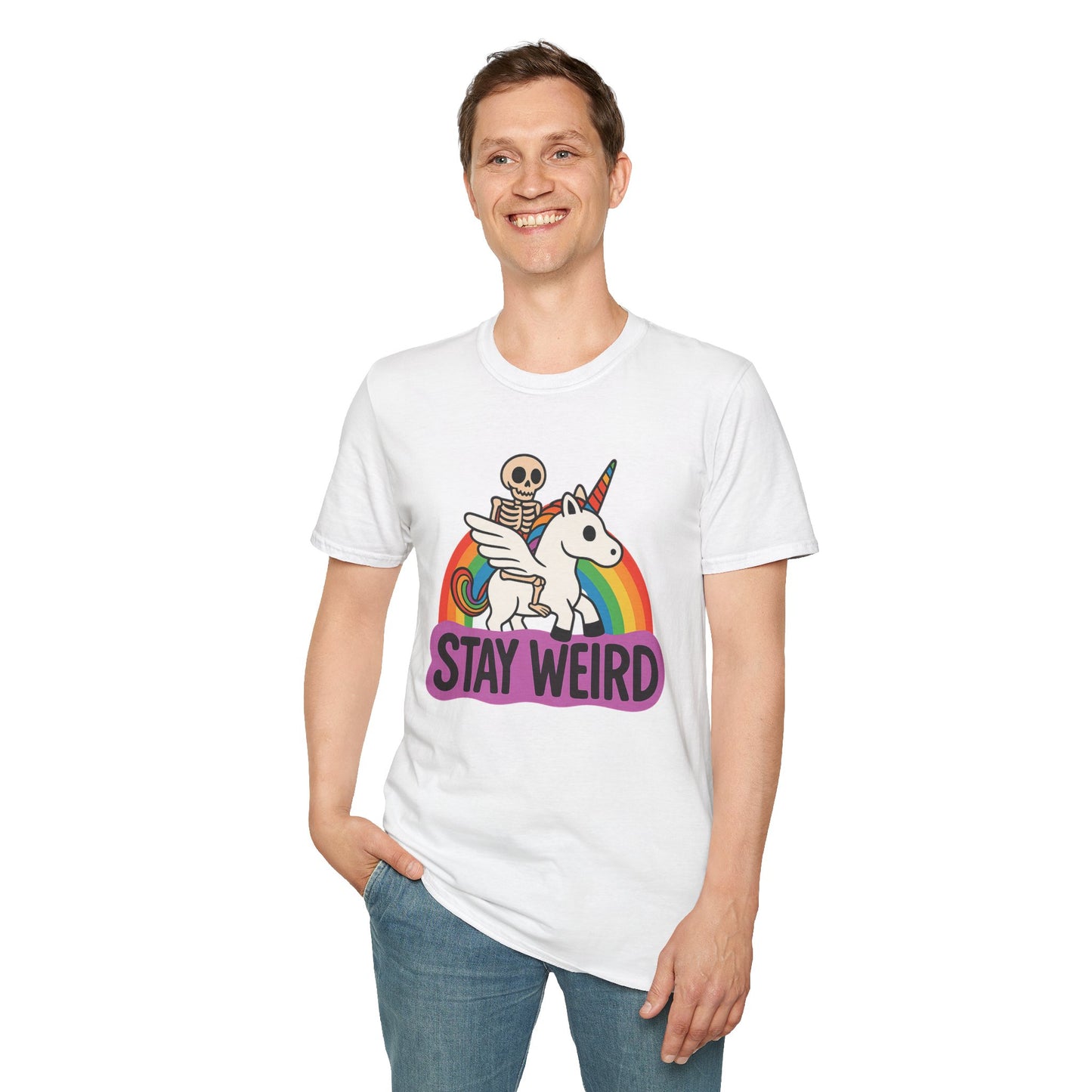 Stay Weird Skeleton Unicorn Shirt – Funny Rainbow Graphic Tee – Whimsical Weirdcore Clothing – Gift for Quirky Friends and Oddball Souls