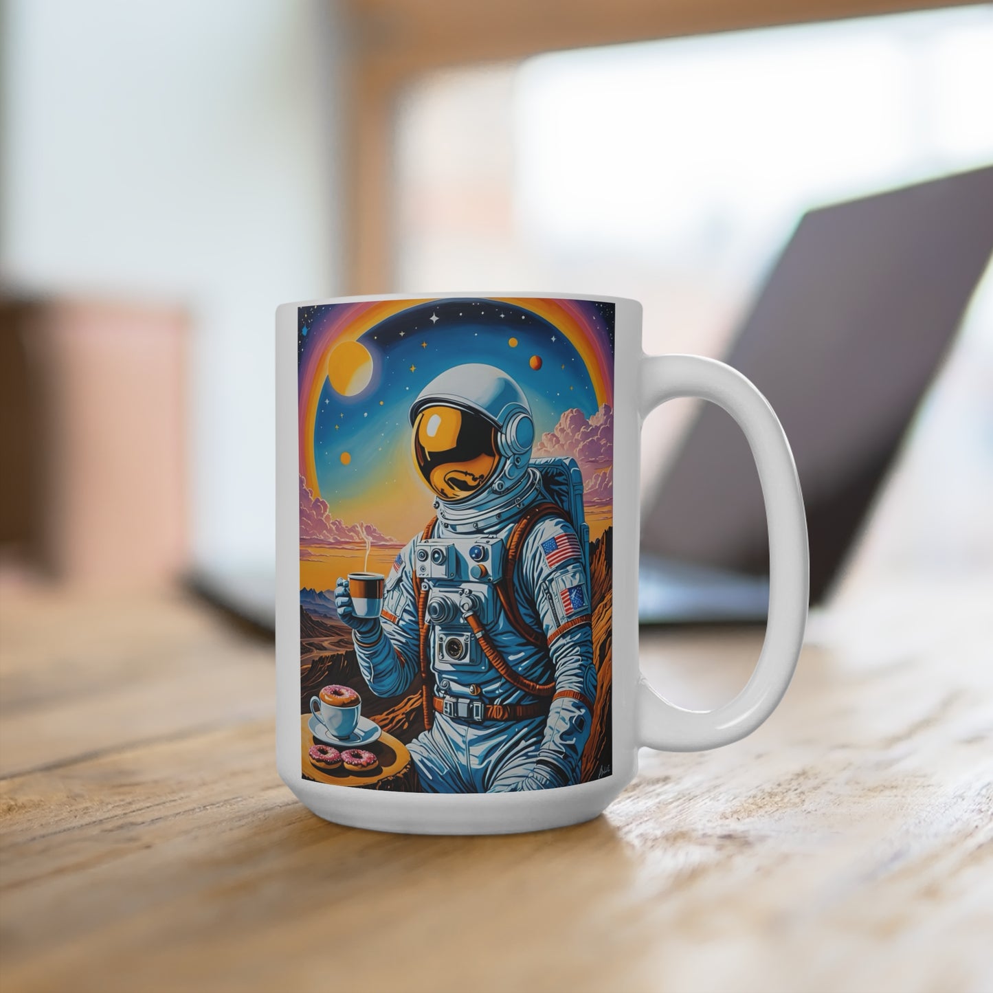 Space Donut Astronaut Mug Funny Cosmic Artwork Ceramic Coffee Cup Gift for Sci Fi Fans