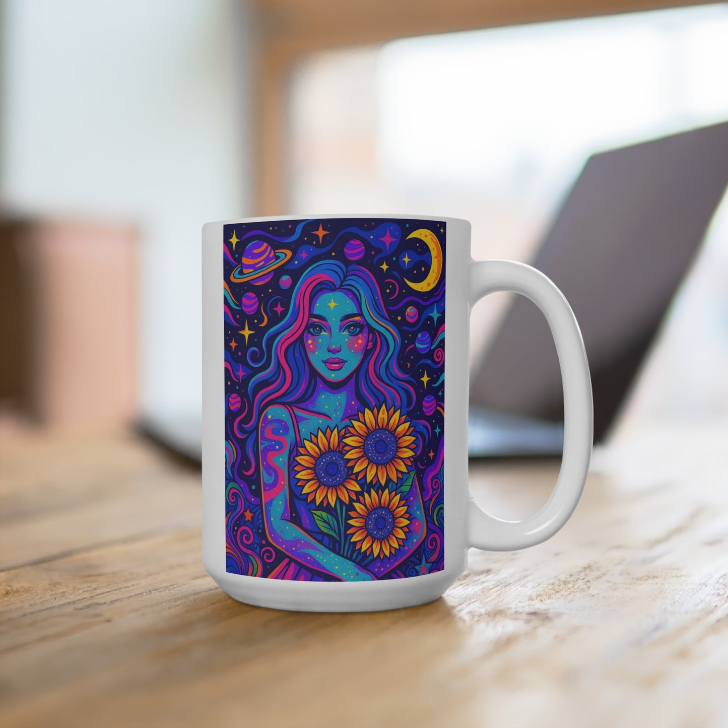 Cosmic Sunflower Goddess Mug – Psychedelic Coffee Cup, Celestial Art Drinkware, Gift for Astrology Lovers, Vibrant Galaxy Mug