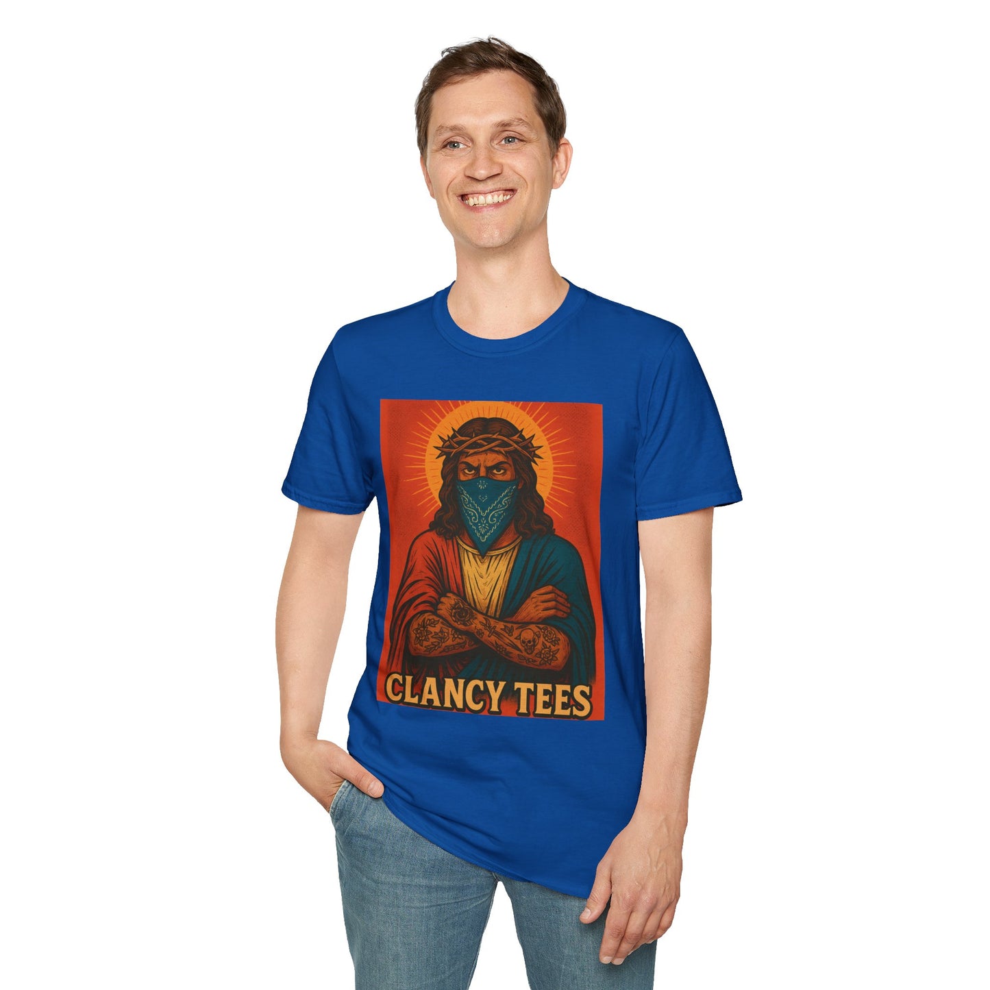 Gangsta Jesus Tattoo Shirt – Bold Religious Parody Tee with Face Mask – Street Art Style Graphic – Gift for Rebels, Sinners, and Faithful Rule-Breakers