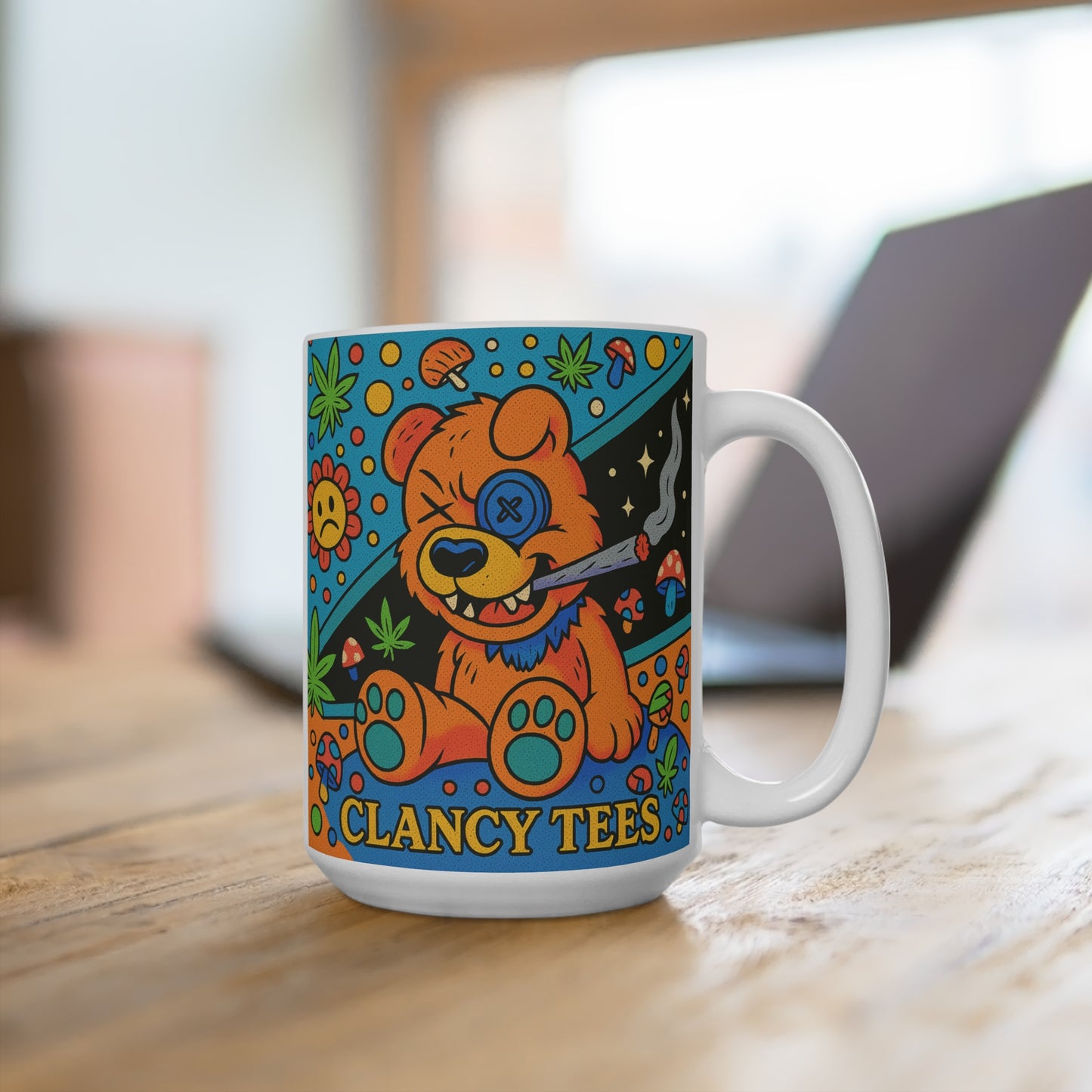 Stoner Teddy Bear Ceramic Mug Trippy Weed Art Funny Cannabis Coffee Cup