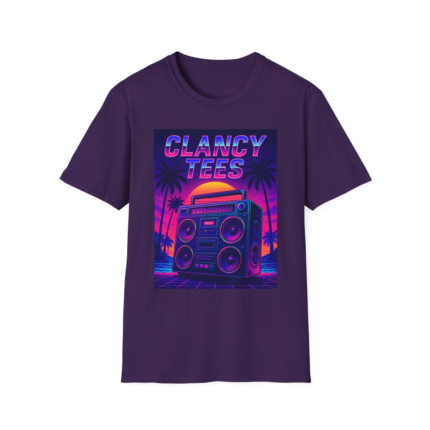 Retro Boombox Sunset Tee – Vaporwave Clancy Tees Shirt – Gift for 80s Kids, Music Lovers, Synthwave Fans & Nostalgic Neon Dreamers