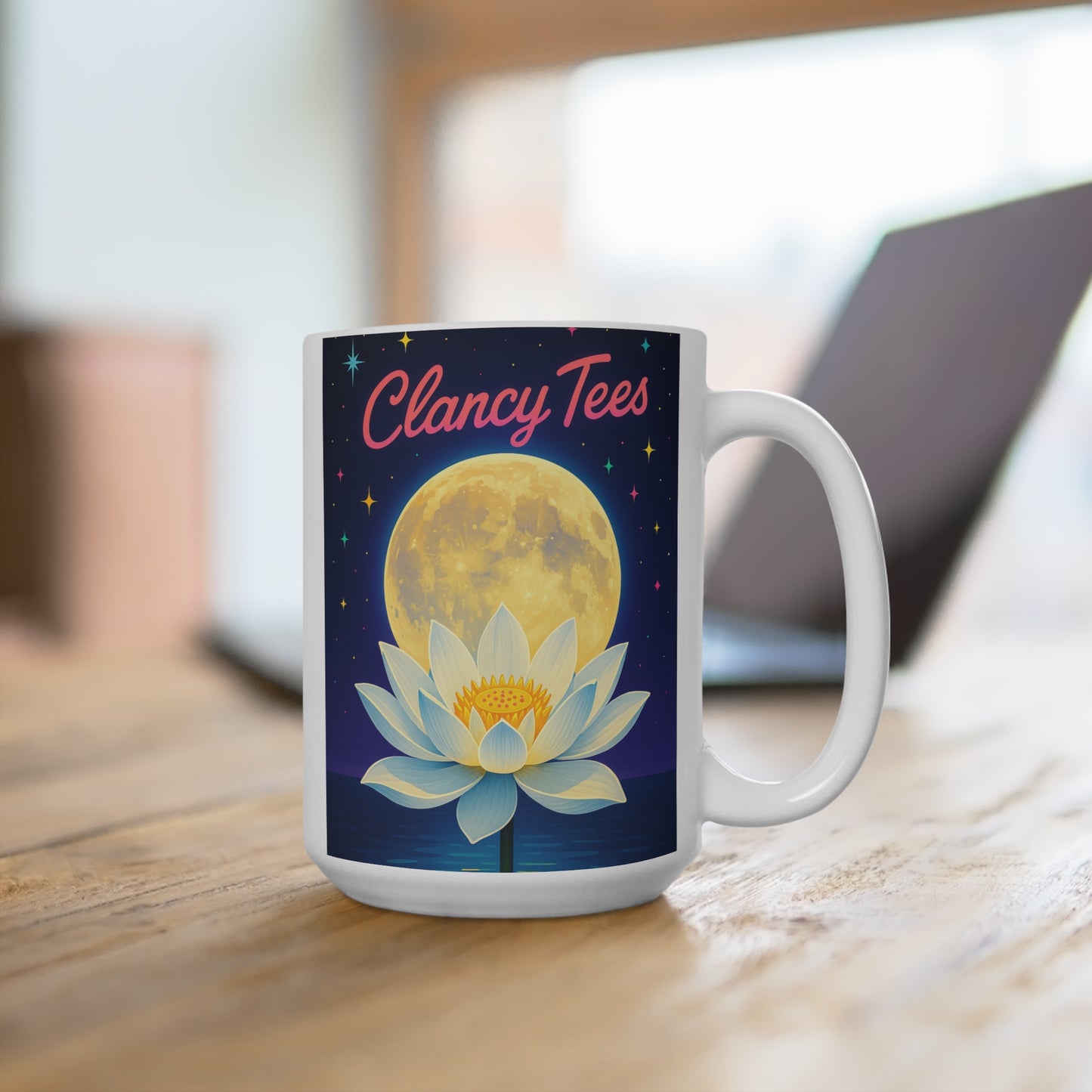 Moon Lotus Ceramic Mug 15oz Night Sky Coffee Cup Cosmic Flower Design Spiritual Gift For Astrology Lovers