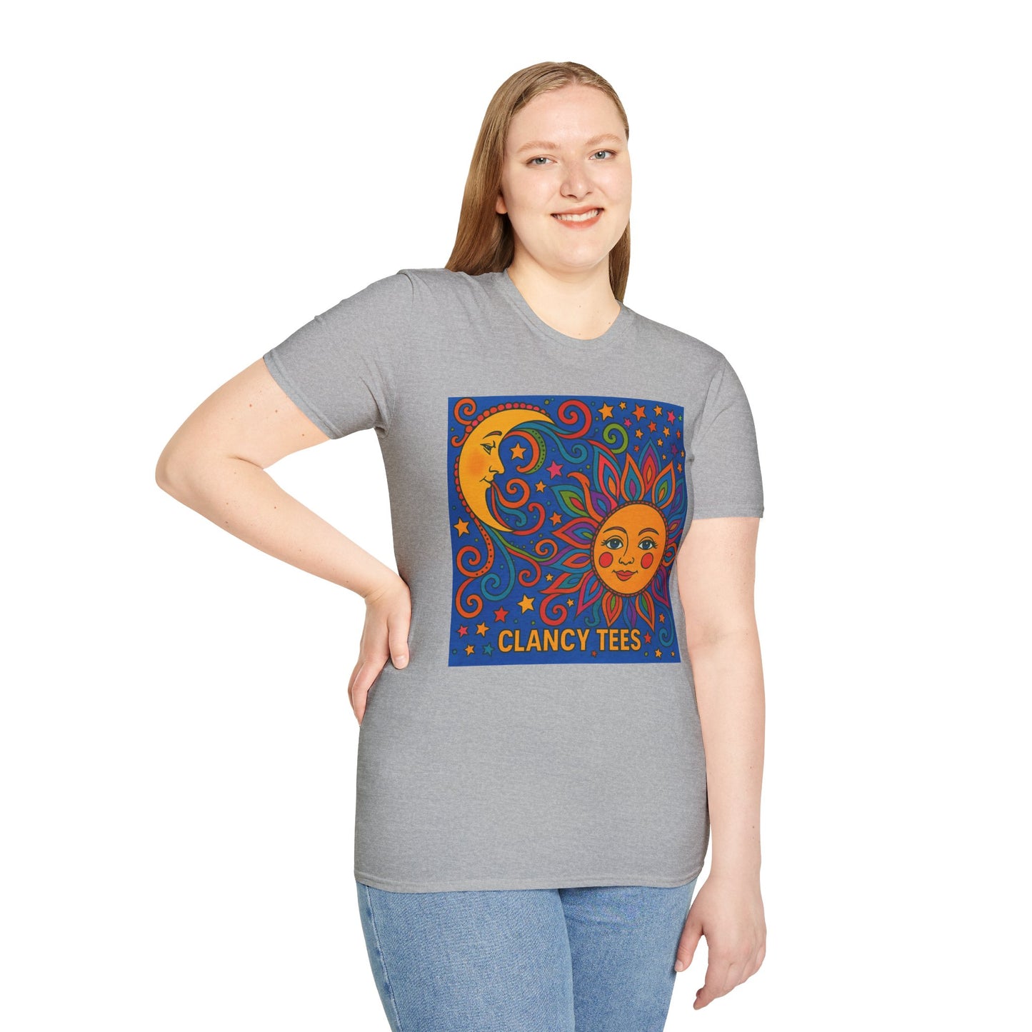 Sun and Moon Vibrant Tee, Unisex Softstyle T-Shirt for Summer Vibes, Boho Fashion, Gift for Her, Festival Wear, Casual Wear