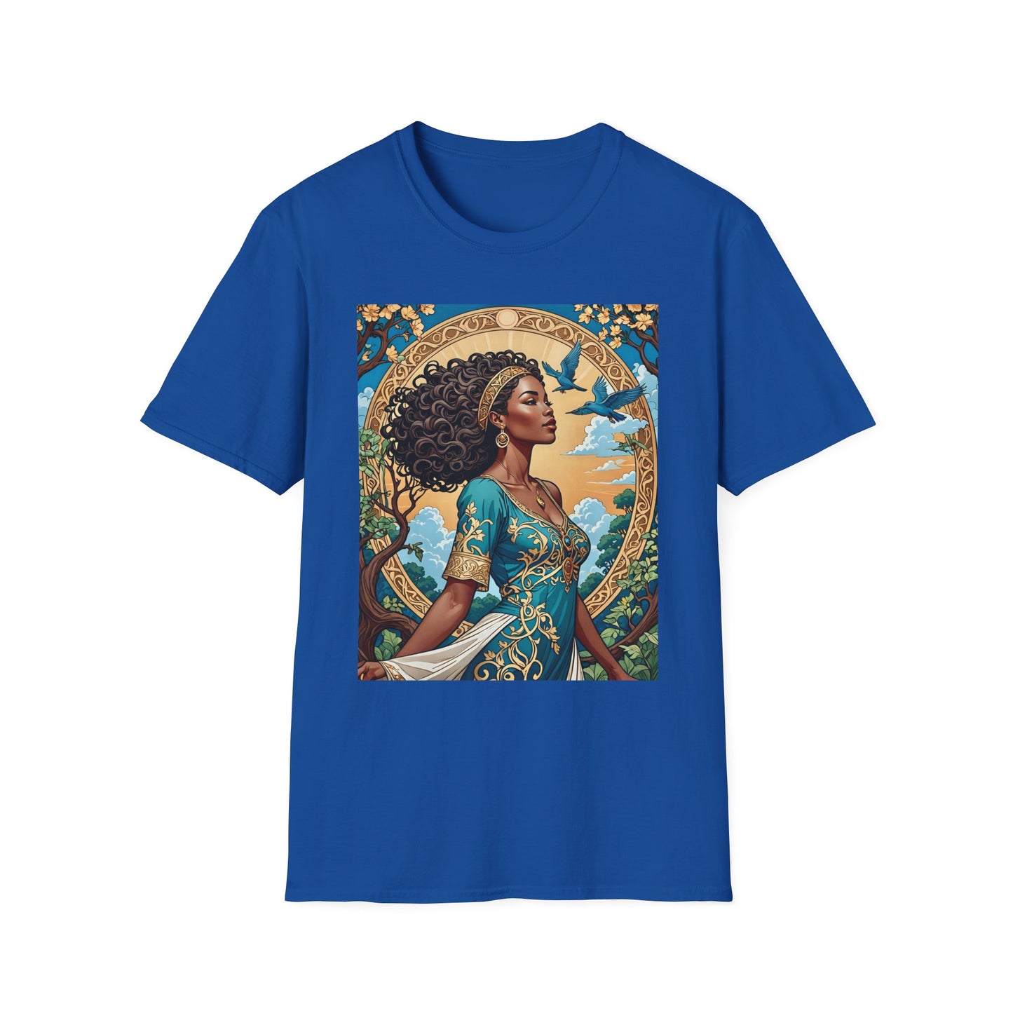 Bohemian Goddess T-Shirt, Unisex Softstyle Tee, Nature-Inspired Apparel, Gift for Women, Artistic Graphic Shirt, Eco-Friendly Fashion