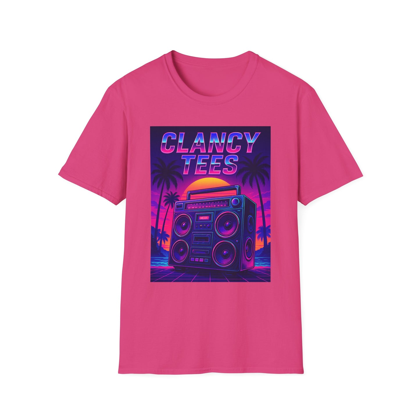 Retro Boombox Sunset Tee – Vaporwave Clancy Tees Shirt – Gift for 80s Kids, Music Lovers, Synthwave Fans & Nostalgic Neon Dreamers