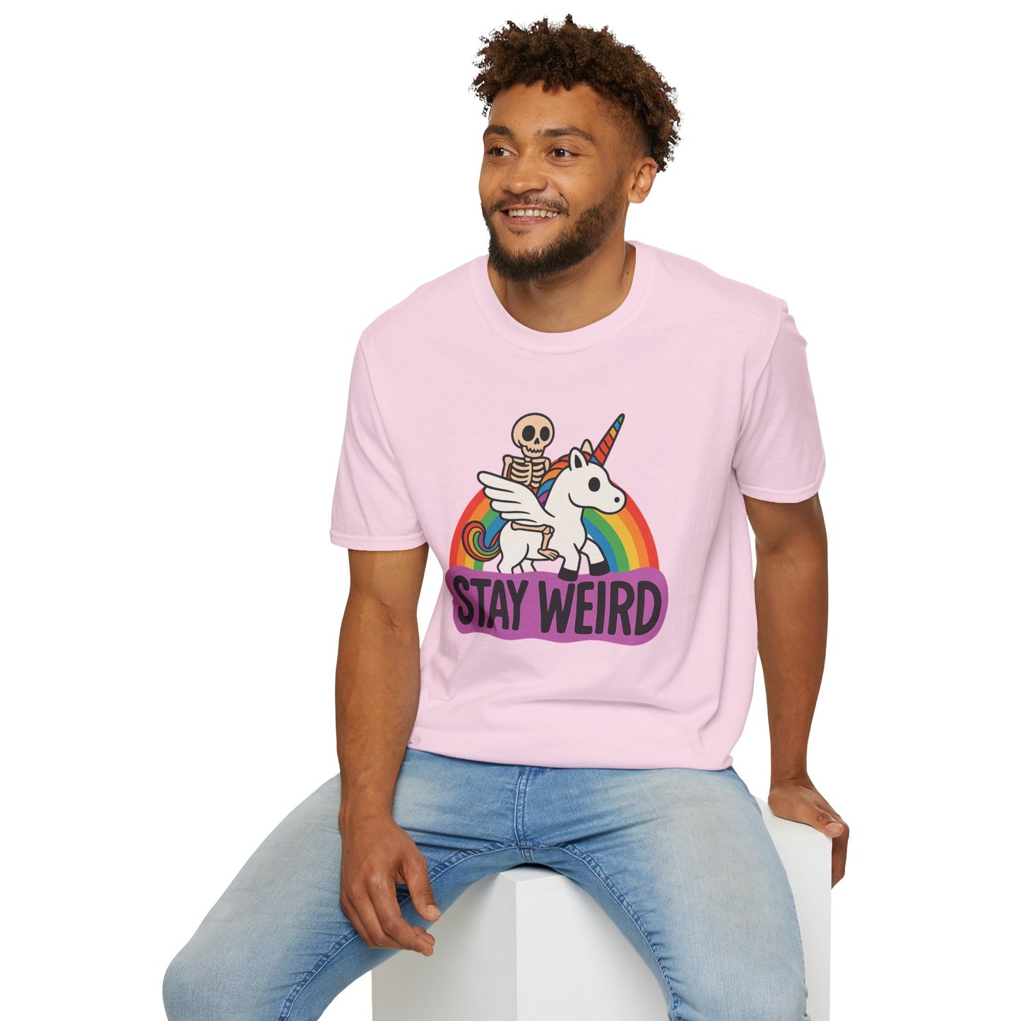 Stay Weird Skeleton Unicorn Shirt – Funny Rainbow Graphic Tee – Whimsical Weirdcore Clothing – Gift for Quirky Friends and Oddball Souls