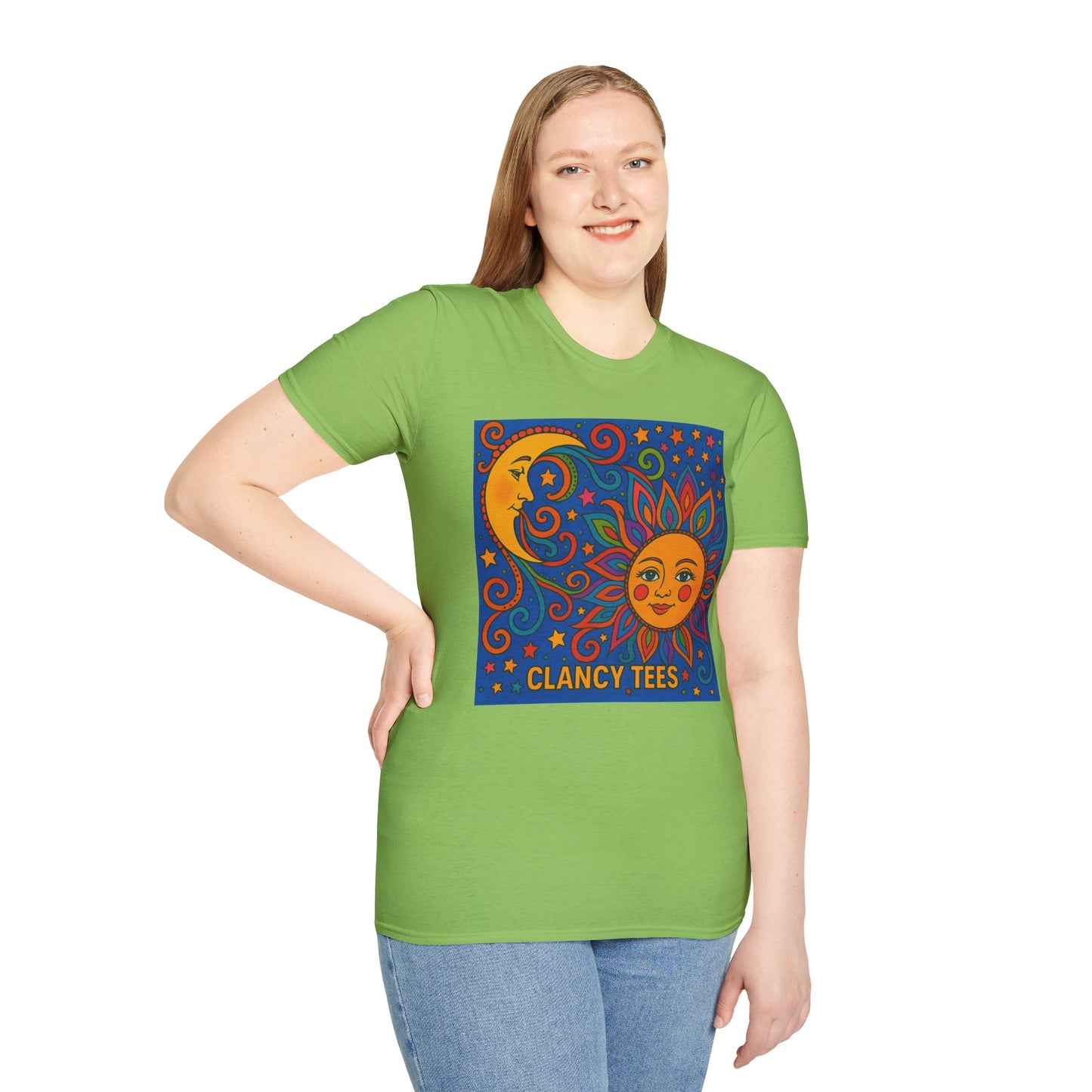 Sun and Moon Vibrant Tee, Unisex Softstyle T-Shirt for Summer Vibes, Boho Fashion, Gift for Her, Festival Wear, Casual Wear