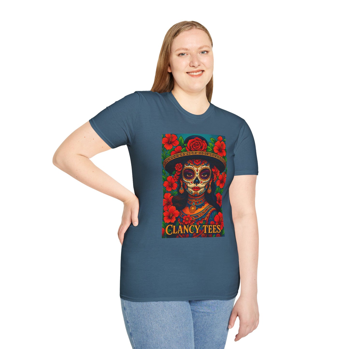 Colorful Sugar Skull T-Shirt, Day of the Dead Tee, Unique Graphic Shirt, Festival Apparel, Gift for Halloween, Unisex Softstyle Tee