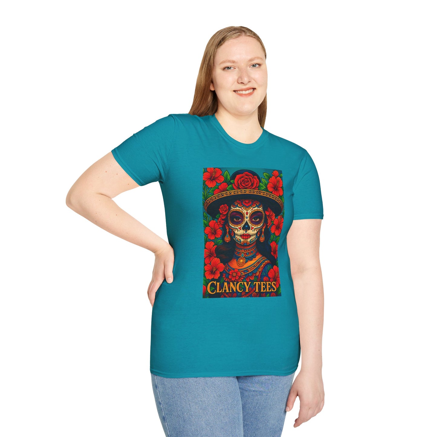 Colorful Sugar Skull T-Shirt, Day of the Dead Tee, Unique Graphic Shirt, Festival Apparel, Gift for Halloween, Unisex Softstyle Tee