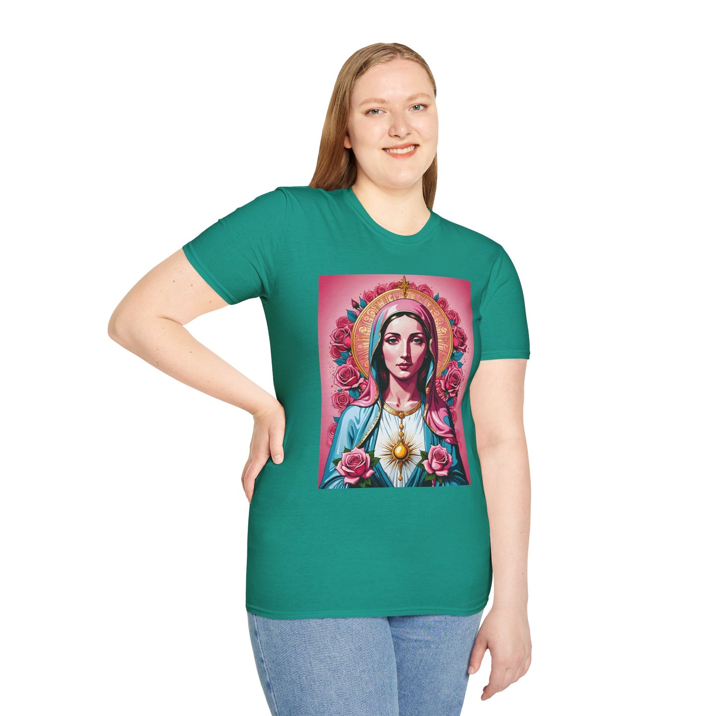 Unisex Softstyle T-Shirt with Sacred Heart Design, Spiritual Apparel, Artistic Gift for Many Occasions, Vintage Aesthetic, Festive Wear