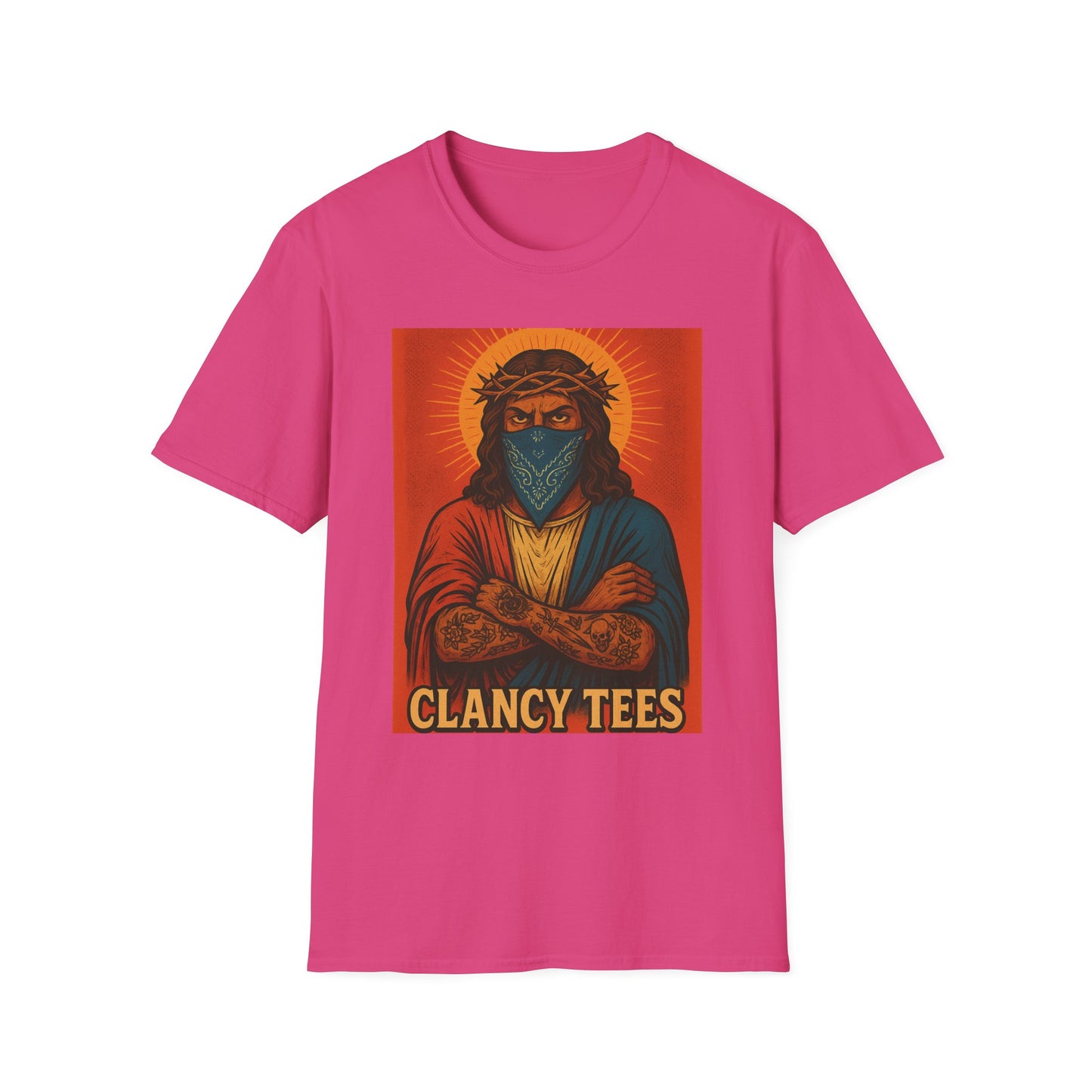 Gangsta Jesus Tattoo Shirt – Bold Religious Parody Tee with Face Mask – Street Art Style Graphic – Gift for Rebels, Sinners, and Faithful Rule-Breakers
