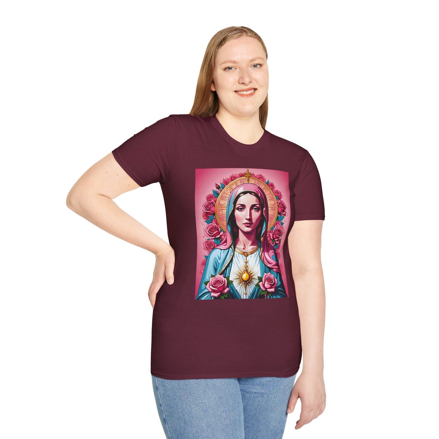 Unisex Softstyle T-Shirt with Sacred Heart Design, Spiritual Apparel, Artistic Gift for Many Occasions, Vintage Aesthetic, Festive Wear