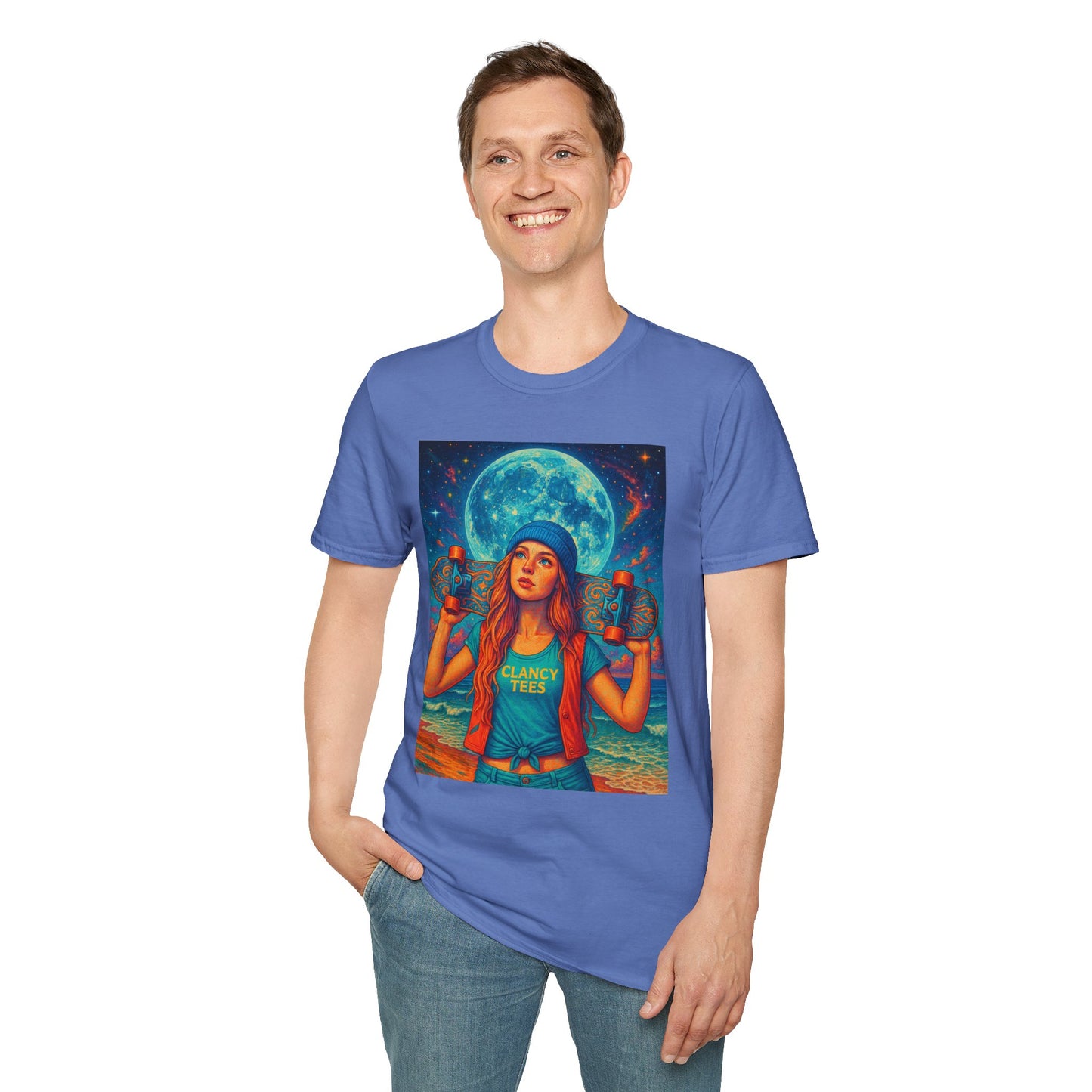 Bohemian Skater Girl Graphic Tee, Unisex T-Shirt with Moon & Nature Design, Perfect for Festivals, Gift for Nature Lovers, Summer Vibes, Casual Wear