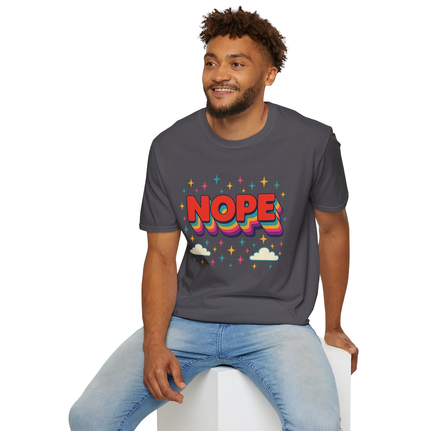 Nope Rainbow Cloud T-Shirt Funny Antisocial Humor Gift for Introverts Softstyle Unisex Tee