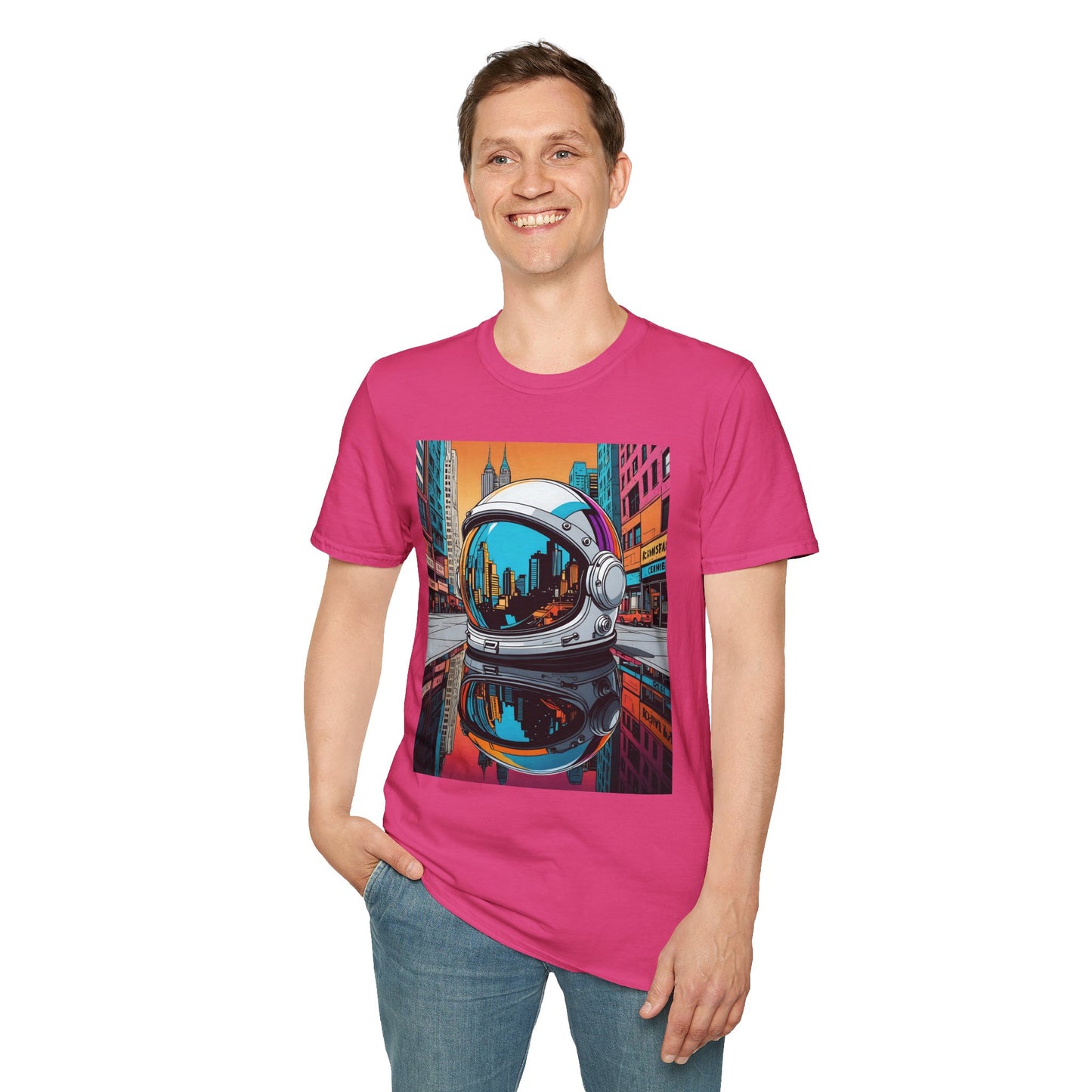 City Astronaut Reflection T-Shirt – Urban Space Art Tee – Gift for Sci-Fi Fans, Streetwear Addicts, and Cosmic Daydreamers