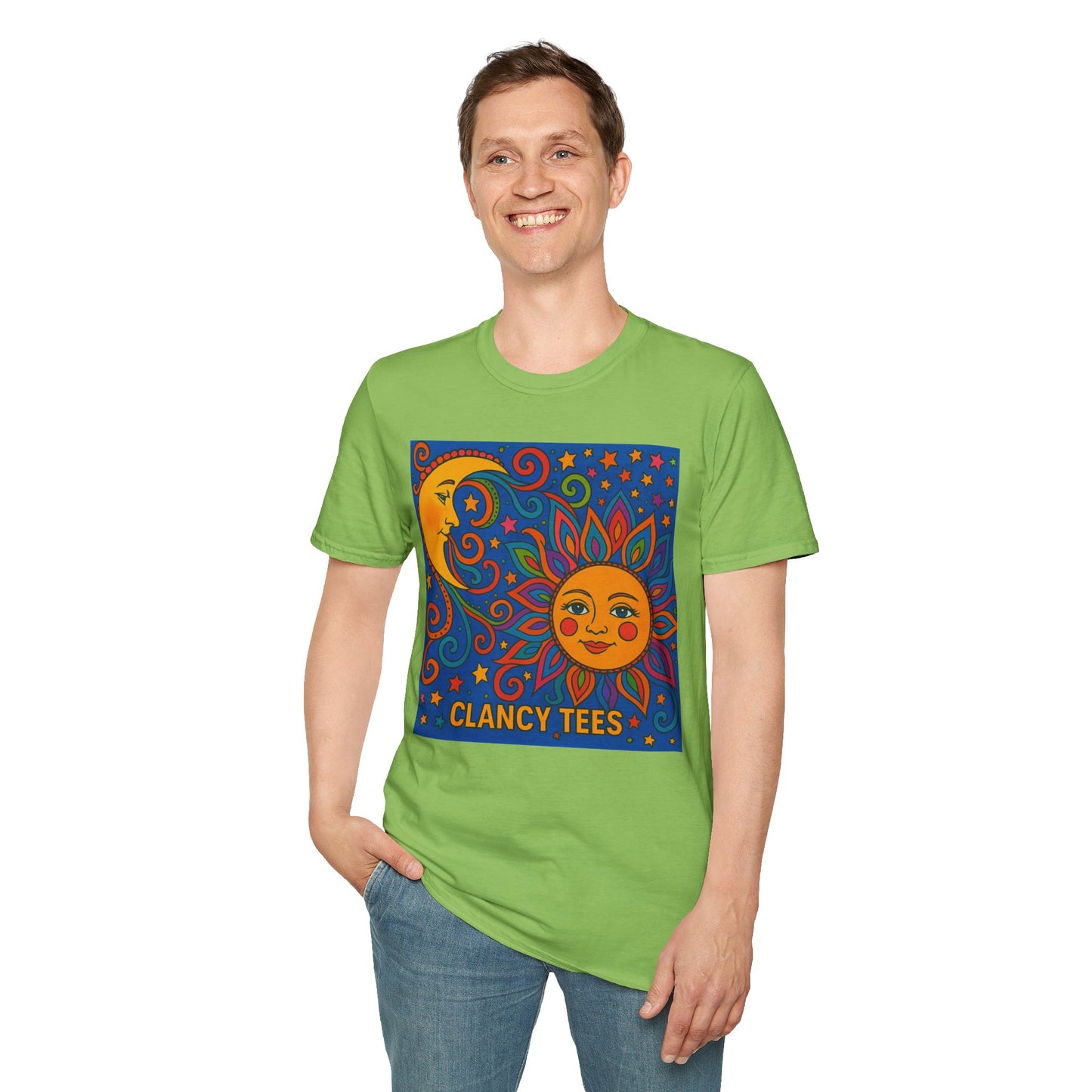 Sun and Moon Vibrant Tee, Unisex Softstyle T-Shirt for Summer Vibes, Boho Fashion, Gift for Her, Festival Wear, Casual Wear