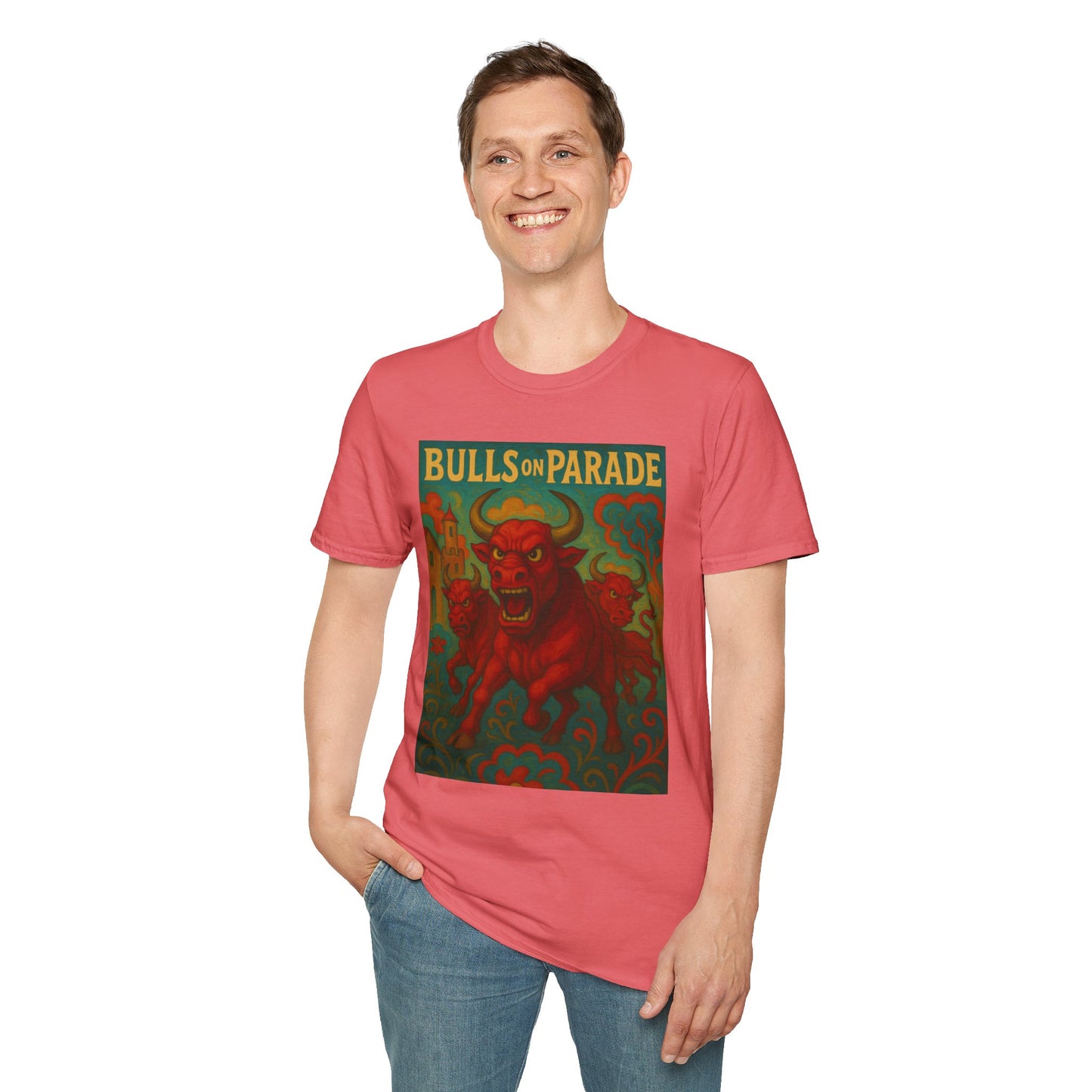 Bulls on Parade Shirt – Psychedelic Rage-Inspired Bull Graphic Tee • Gildan Softstyle® Unisex • Protest Art T-Shirt • Gift for Rage Fans