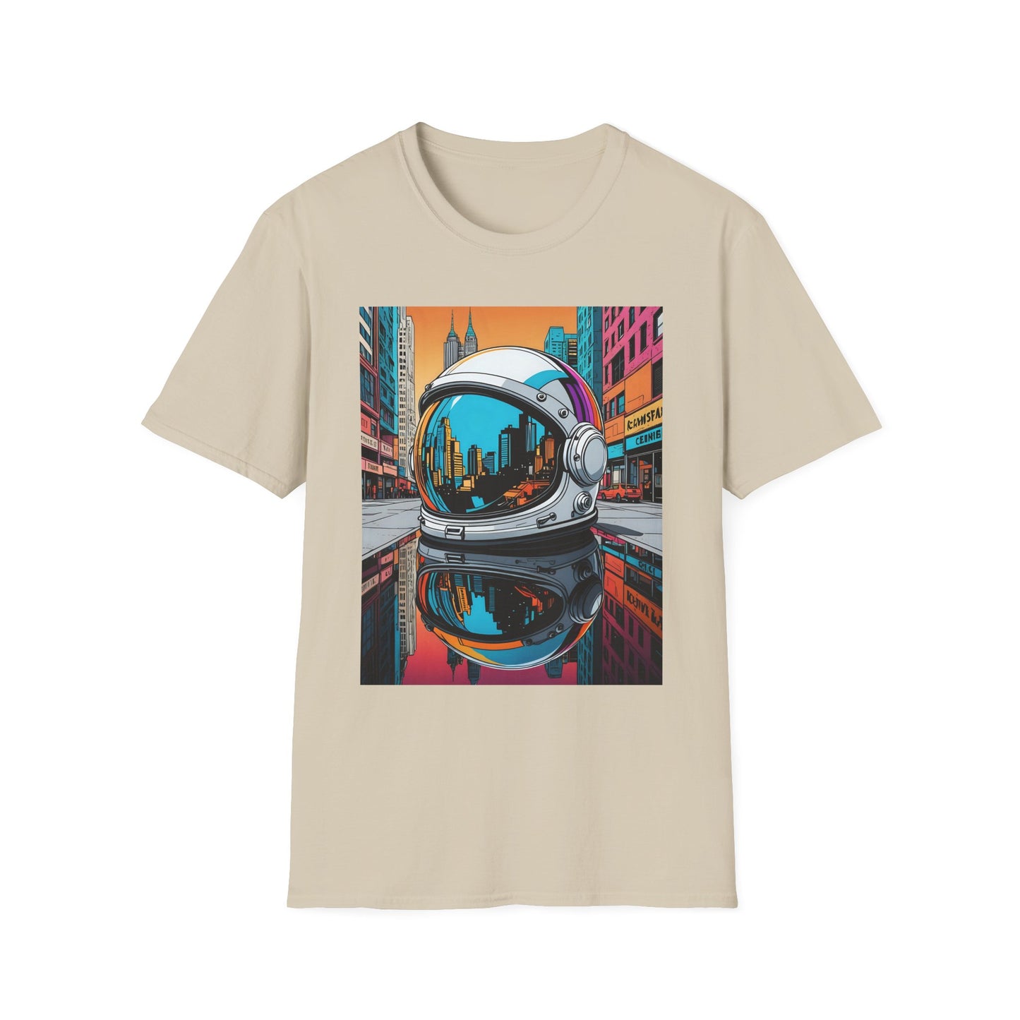 City Astronaut Reflection T-Shirt – Urban Space Art Tee – Gift for Sci-Fi Fans, Streetwear Addicts, and Cosmic Daydreamers
