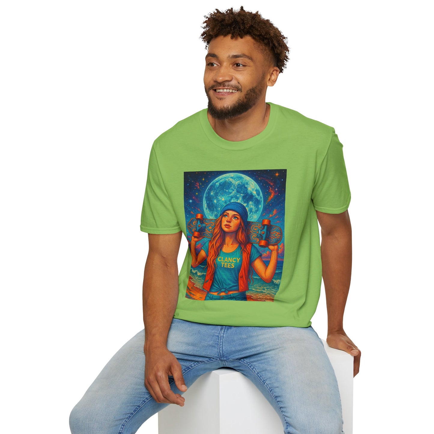 Bohemian Skater Girl Graphic Tee, Unisex T-Shirt with Moon & Nature Design, Perfect for Festivals, Gift for Nature Lovers, Summer Vibes, Casual Wear