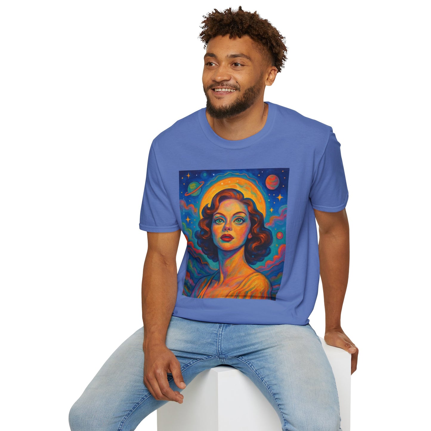 Retro Space Girl T Shirt Vintage Sci Fi Beauty Psychedelic Pop Art Galaxy Babe Tee Gift for Star Gazers Cosmic Fashion Astronaut Dreamwear