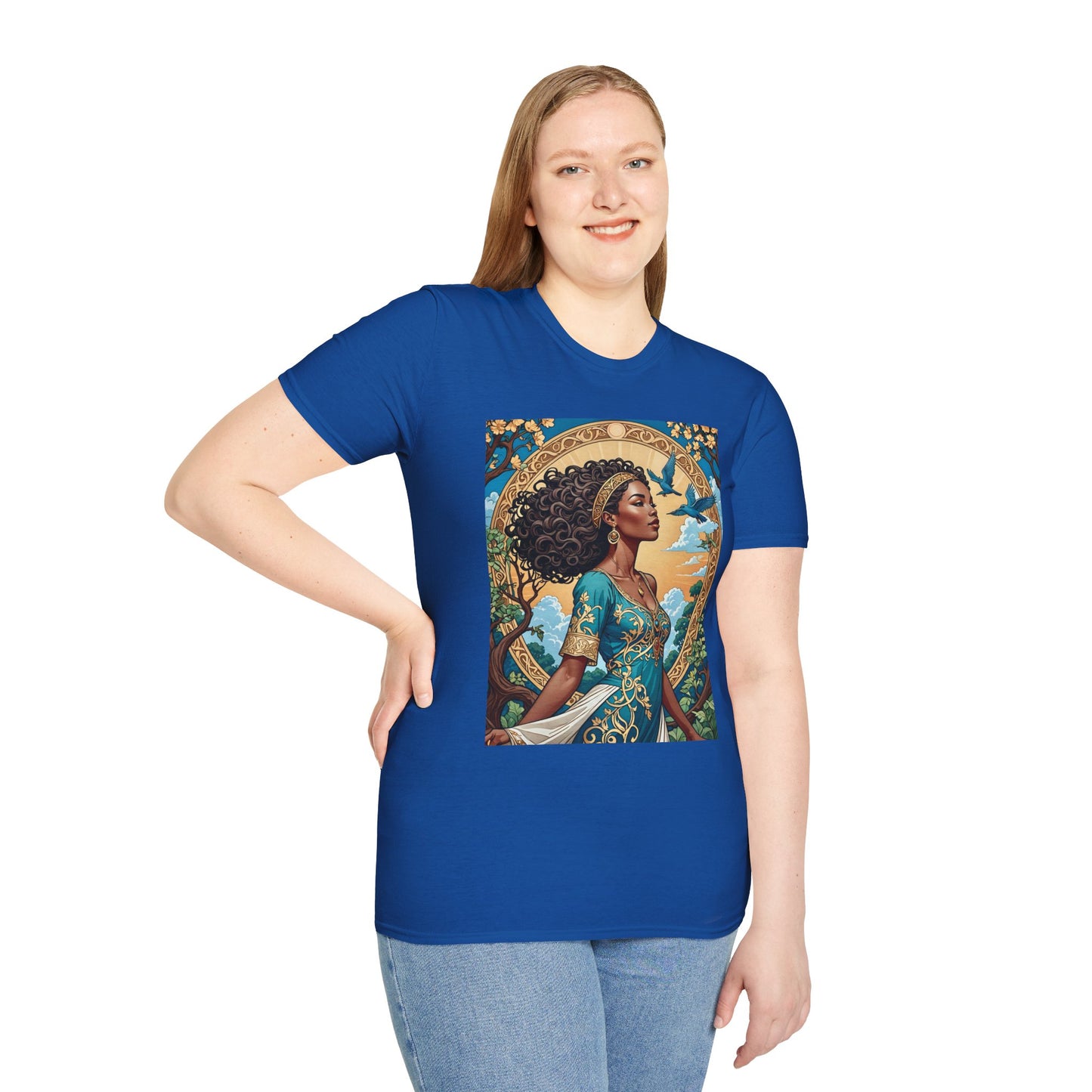 Bohemian Goddess T-Shirt, Unisex Softstyle Tee, Nature-Inspired Apparel, Gift for Women, Artistic Graphic Shirt, Eco-Friendly Fashion