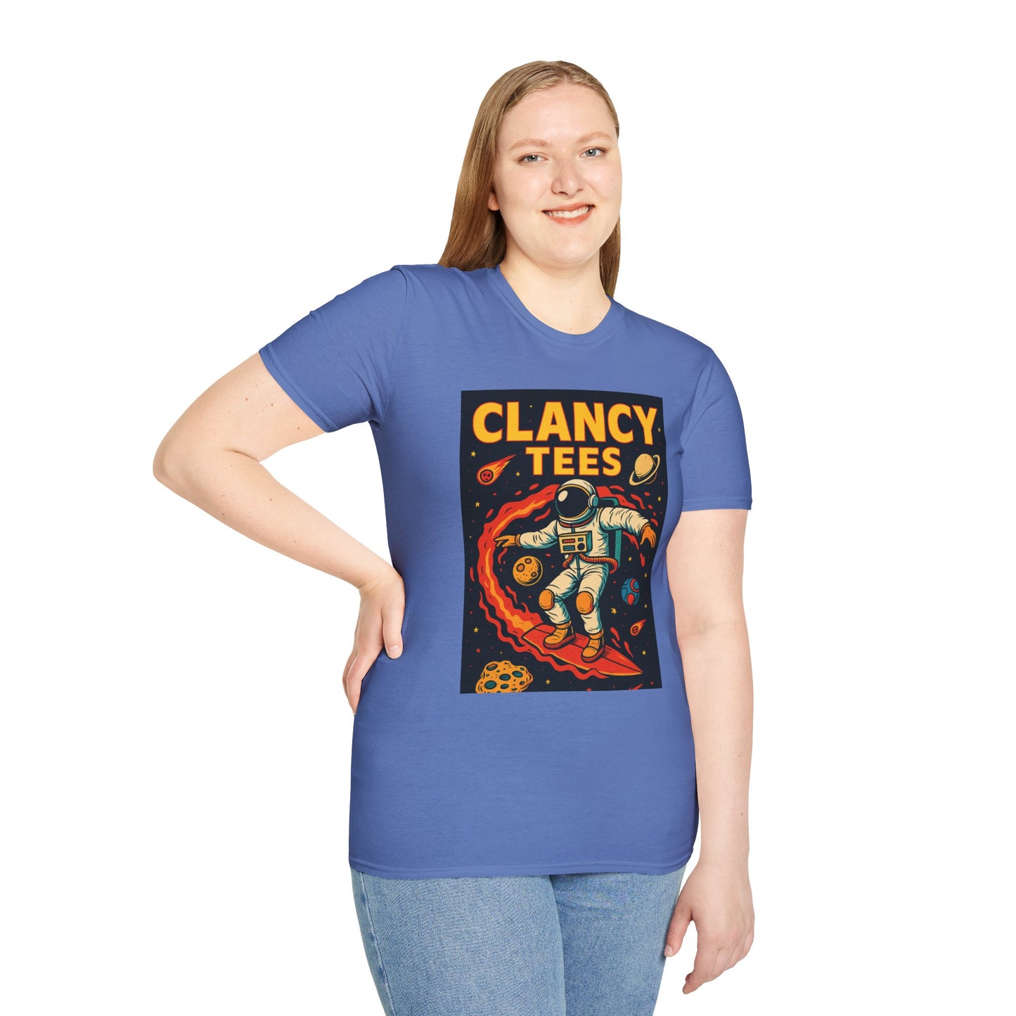 Astronaut Surfing T-Shirt – Outer Space Surfer Tee – Gift for Sci-Fi Beach Bums, Stoner Surfers, and Cosmic Wave Riders