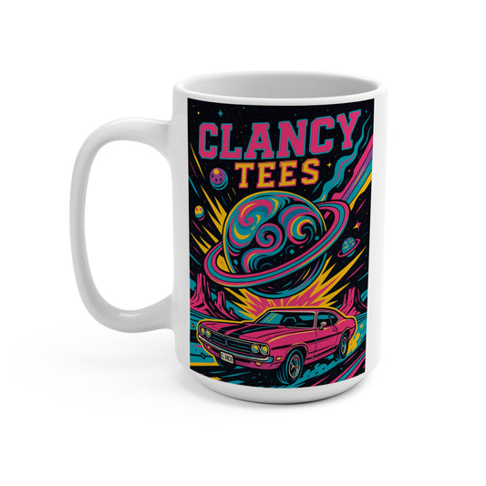 ClancyTees Retro Car Mug – Trippy Muscle Car Coffee Cup With Neon Planet Design, Psychedelic Cosmic Drinkware, Gift for Car Lovers