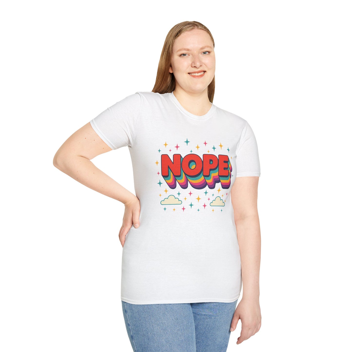 Nope Rainbow Cloud T-Shirt Funny Antisocial Humor Gift for Introverts Softstyle Unisex Tee
