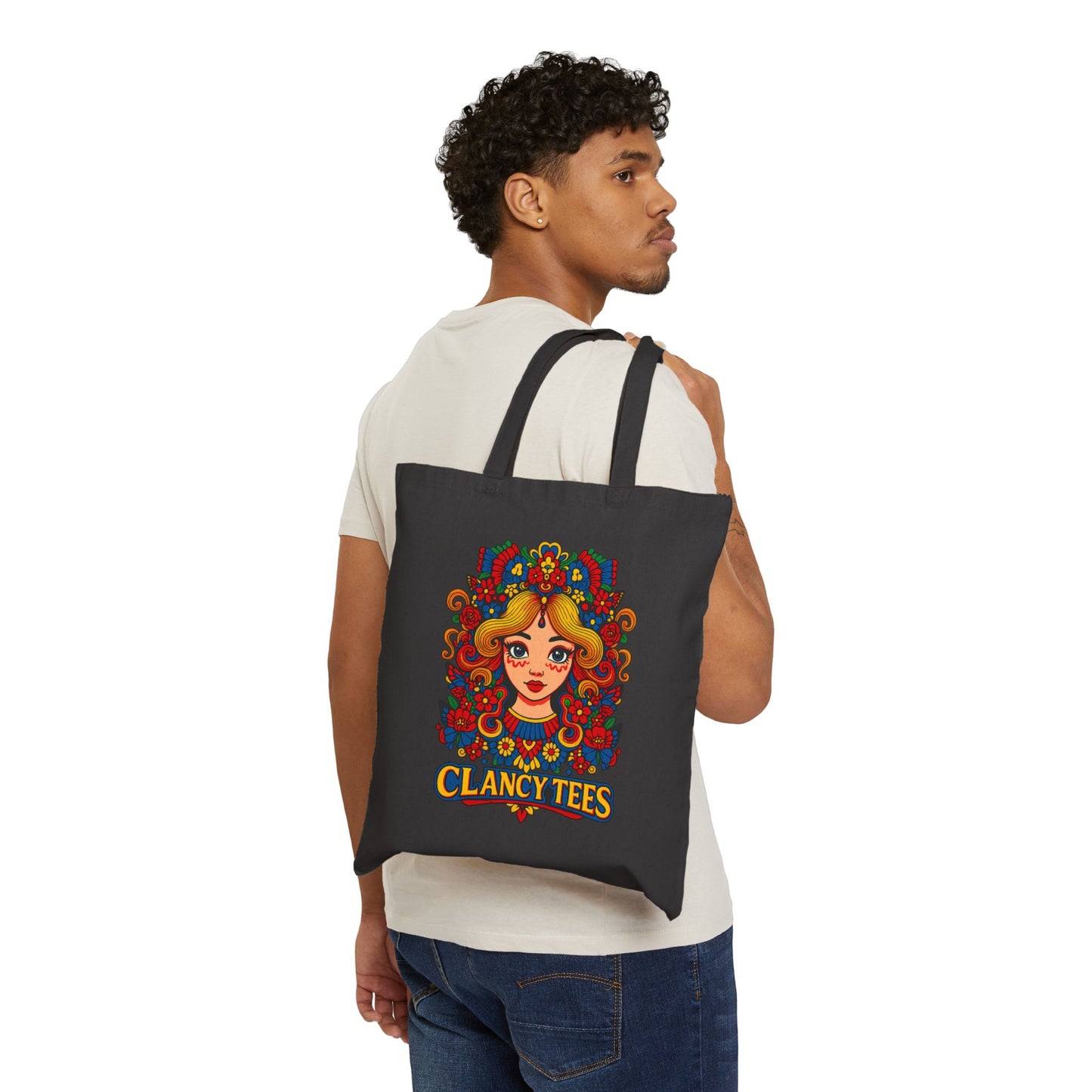 Psychedelic Art Tote Bag With Retro Floral Face Design Groovy Fashion Accessory Everyday Carry Bag Clancy Tees Artwork