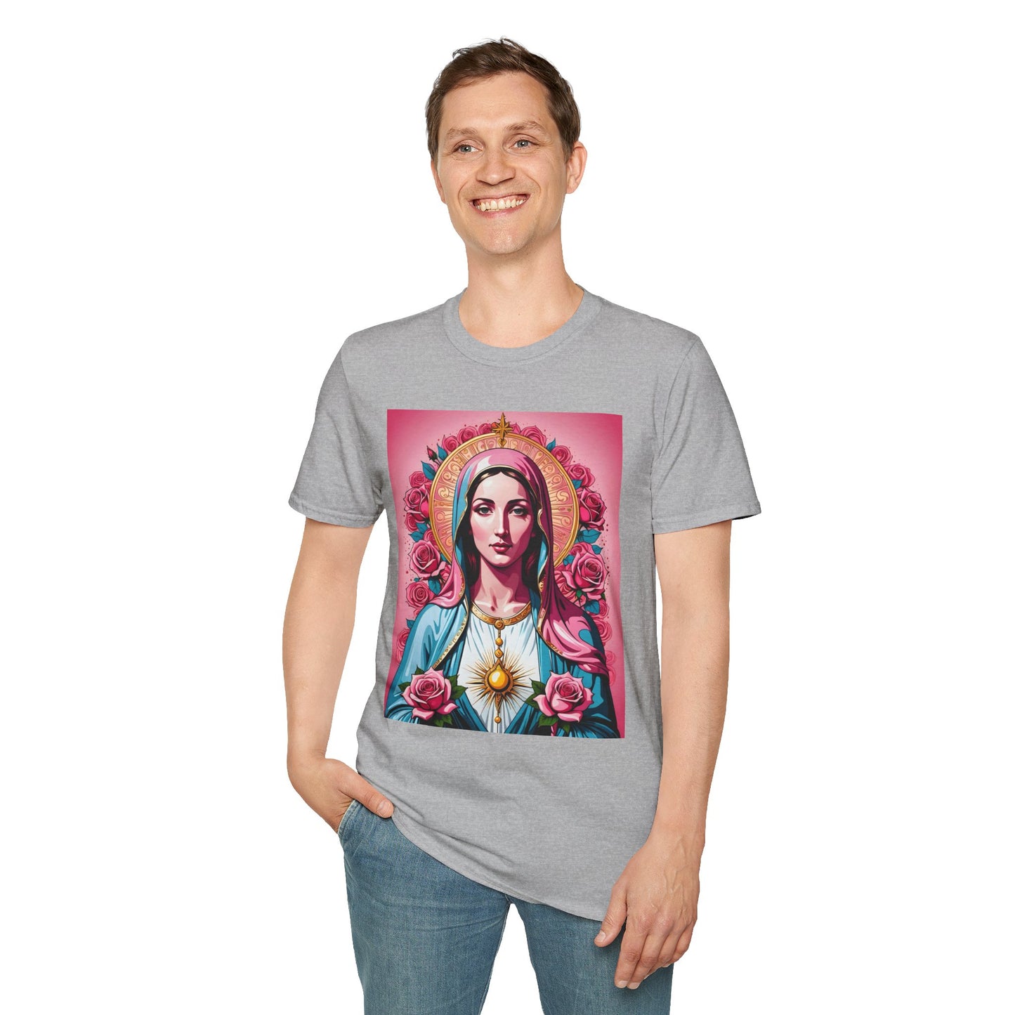 Unisex Softstyle T-Shirt with Sacred Heart Design, Spiritual Apparel, Artistic Gift for Many Occasions, Vintage Aesthetic, Festive Wear