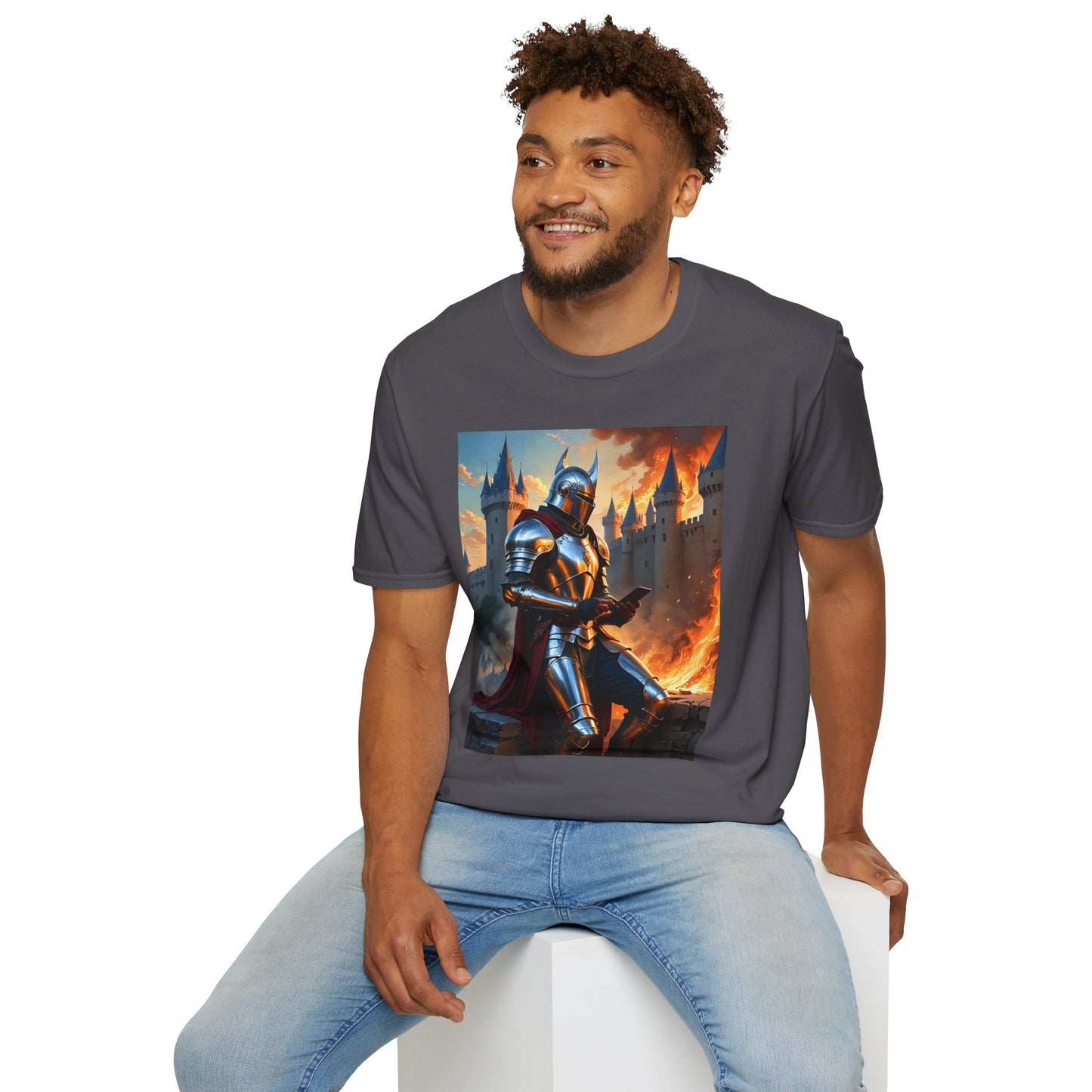 Knight in Burning Castle Shirt – Dark Fantasy Armor Tee – Gift for RPG Fans, Medieval Nerds, and Apocalyptic History Buffs