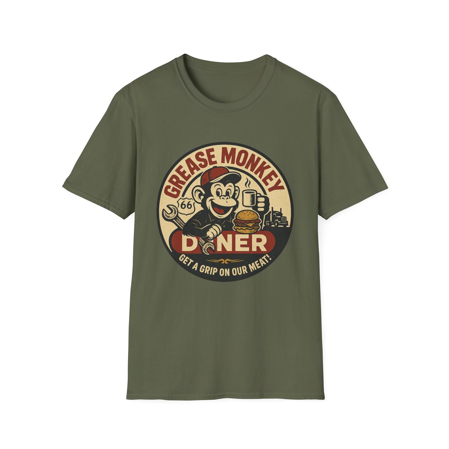 Grease Monkey Diner T-Shirt – Retro Mechanic Mascot Tee – Funny Vintage Roadside Shirt Gift for Car Guys, Grill Masters, and Route 66 Road Trip Fans