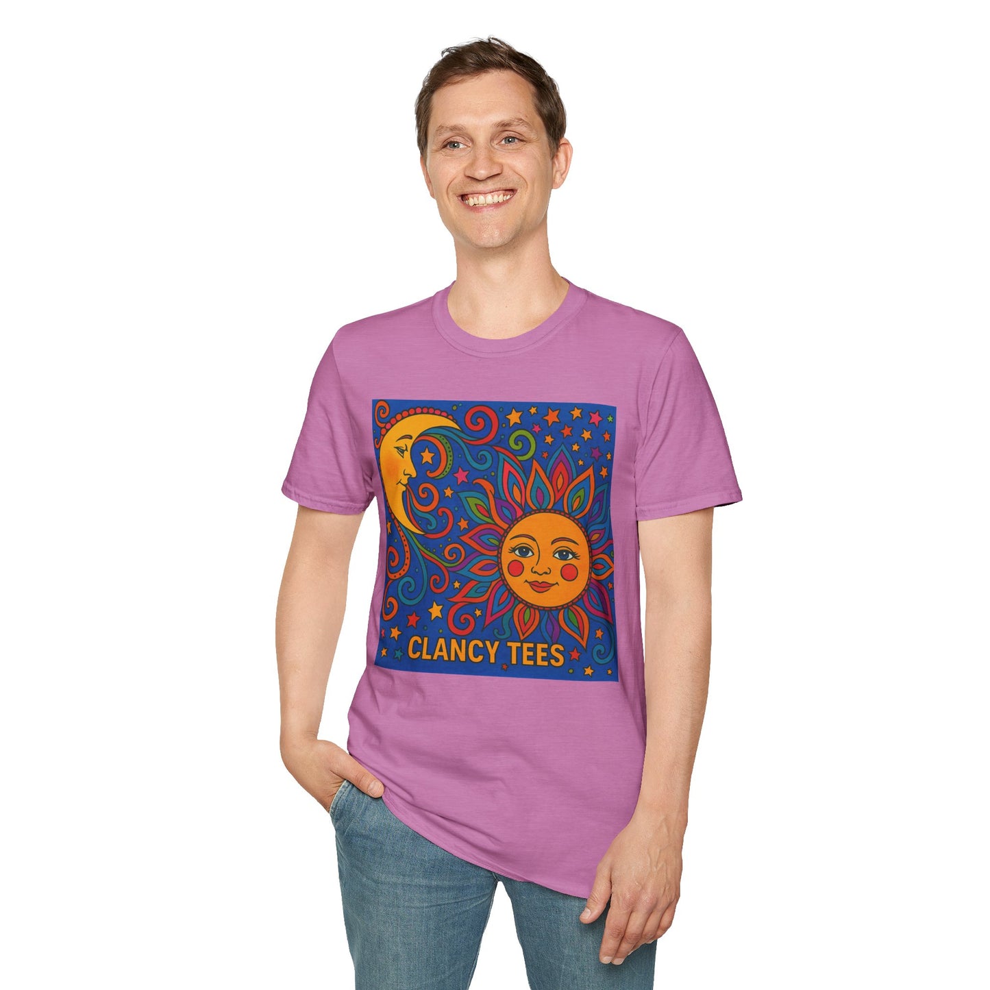 Sun and Moon Vibrant Tee, Unisex Softstyle T-Shirt for Summer Vibes, Boho Fashion, Gift for Her, Festival Wear, Casual Wear