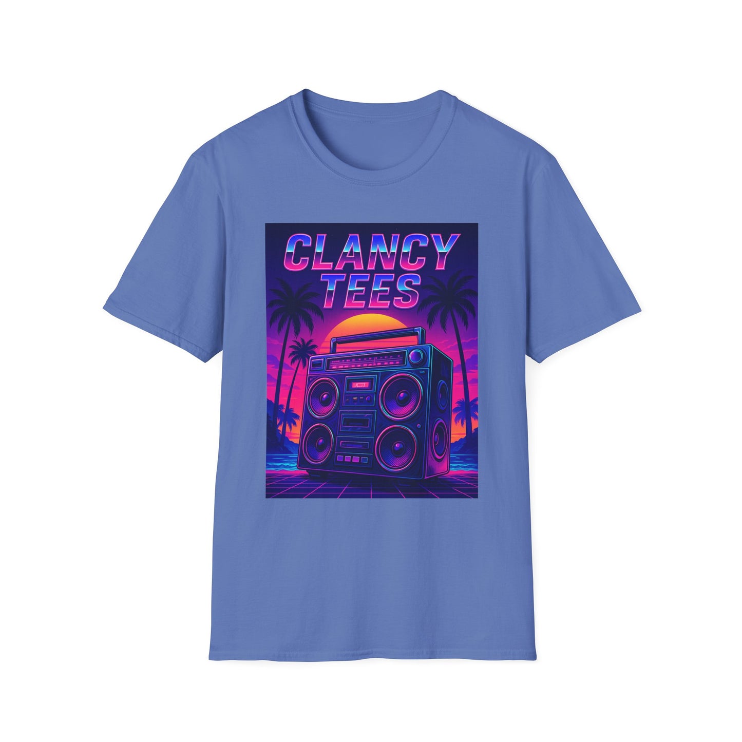 Retro Boombox Sunset Tee – Vaporwave Clancy Tees Shirt – Gift for 80s Kids, Music Lovers, Synthwave Fans & Nostalgic Neon Dreamers
