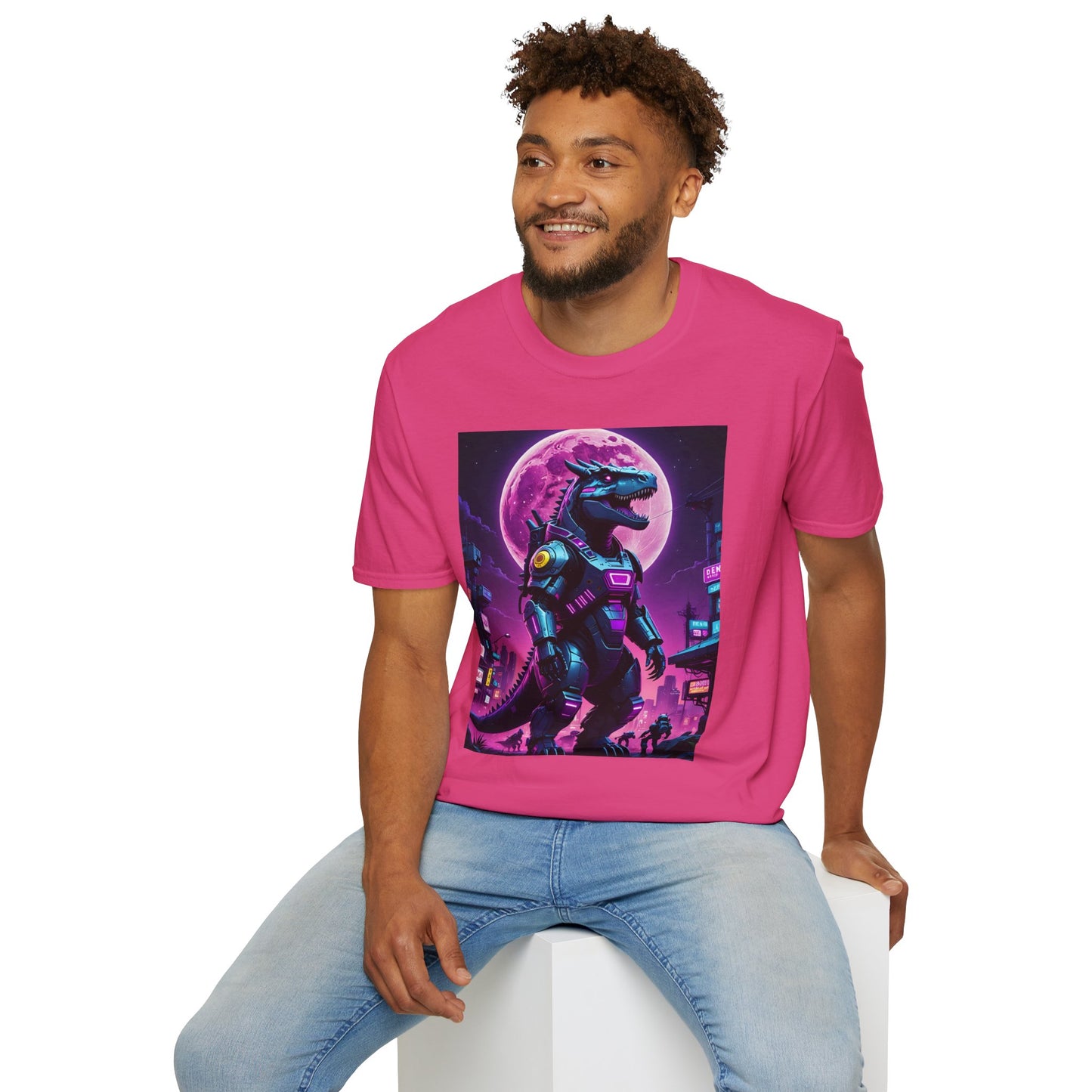 Cyberpunk Dinosaur T Shirt Neon Retro Graphic Tee Futuristic Monster Artwork Top Gift for Sci Fi Fans