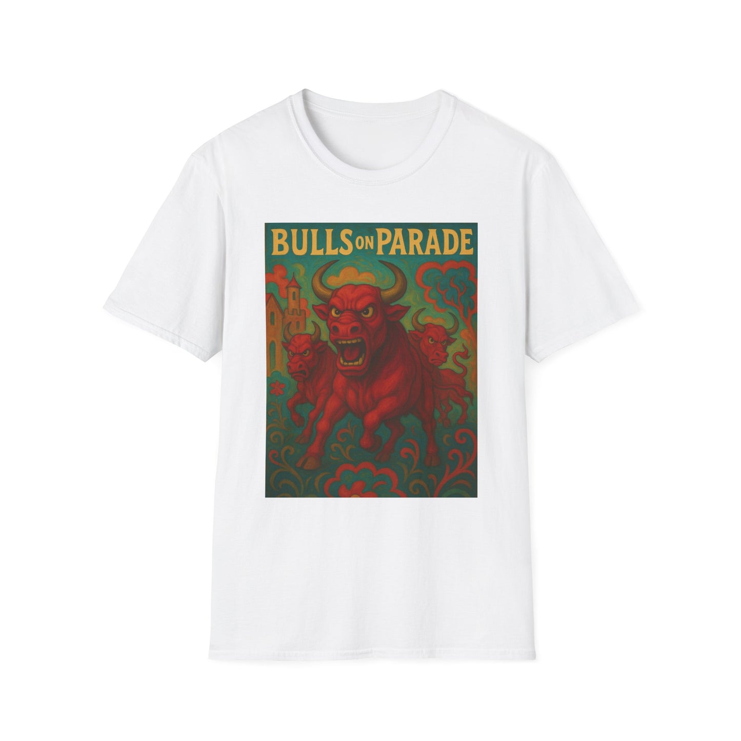 Bulls on Parade Shirt – Psychedelic Rage-Inspired Bull Graphic Tee • Gildan Softstyle® Unisex • Protest Art T-Shirt • Gift for Rage Fans