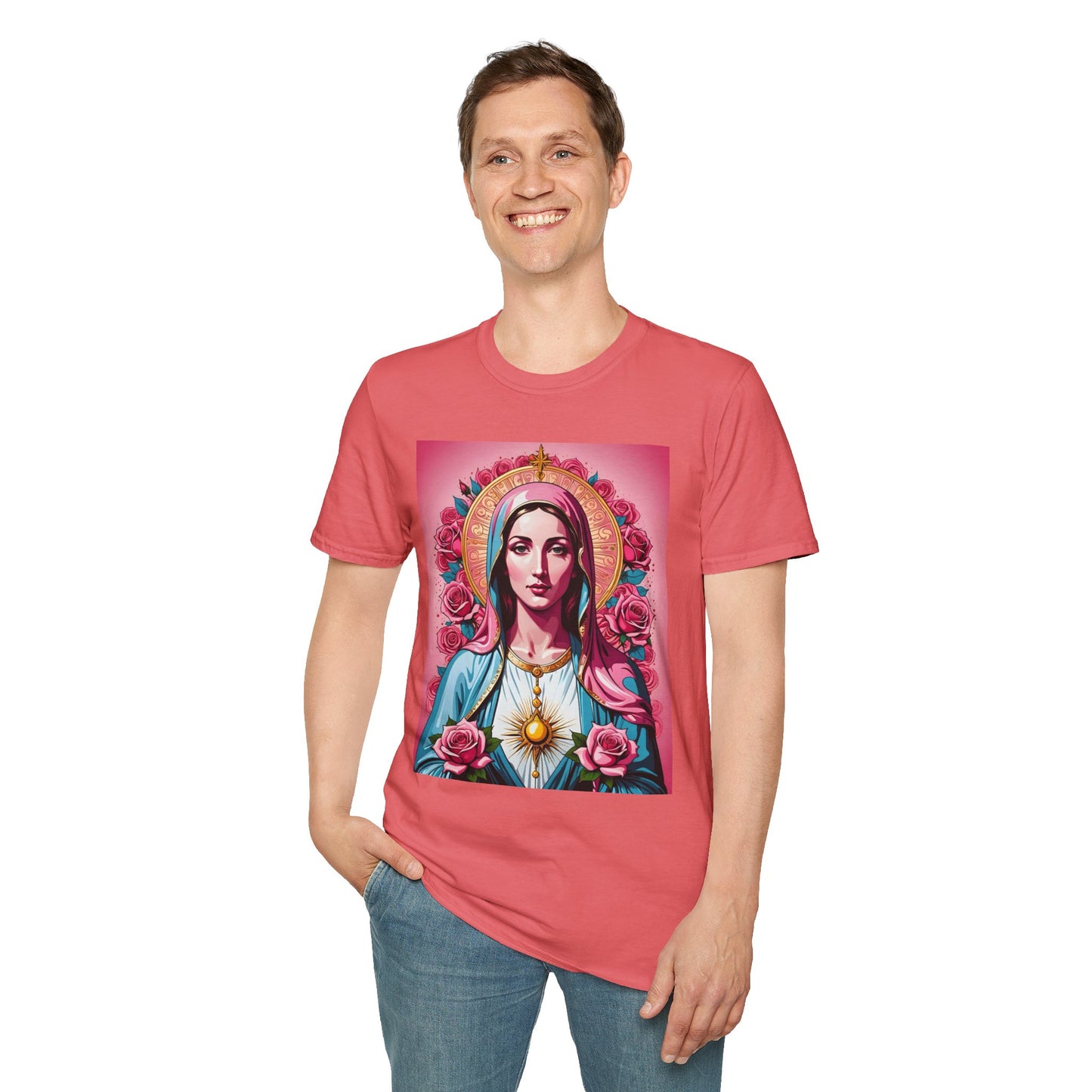 Unisex Softstyle T-Shirt with Sacred Heart Design, Spiritual Apparel, Artistic Gift for Many Occasions, Vintage Aesthetic, Festive Wear