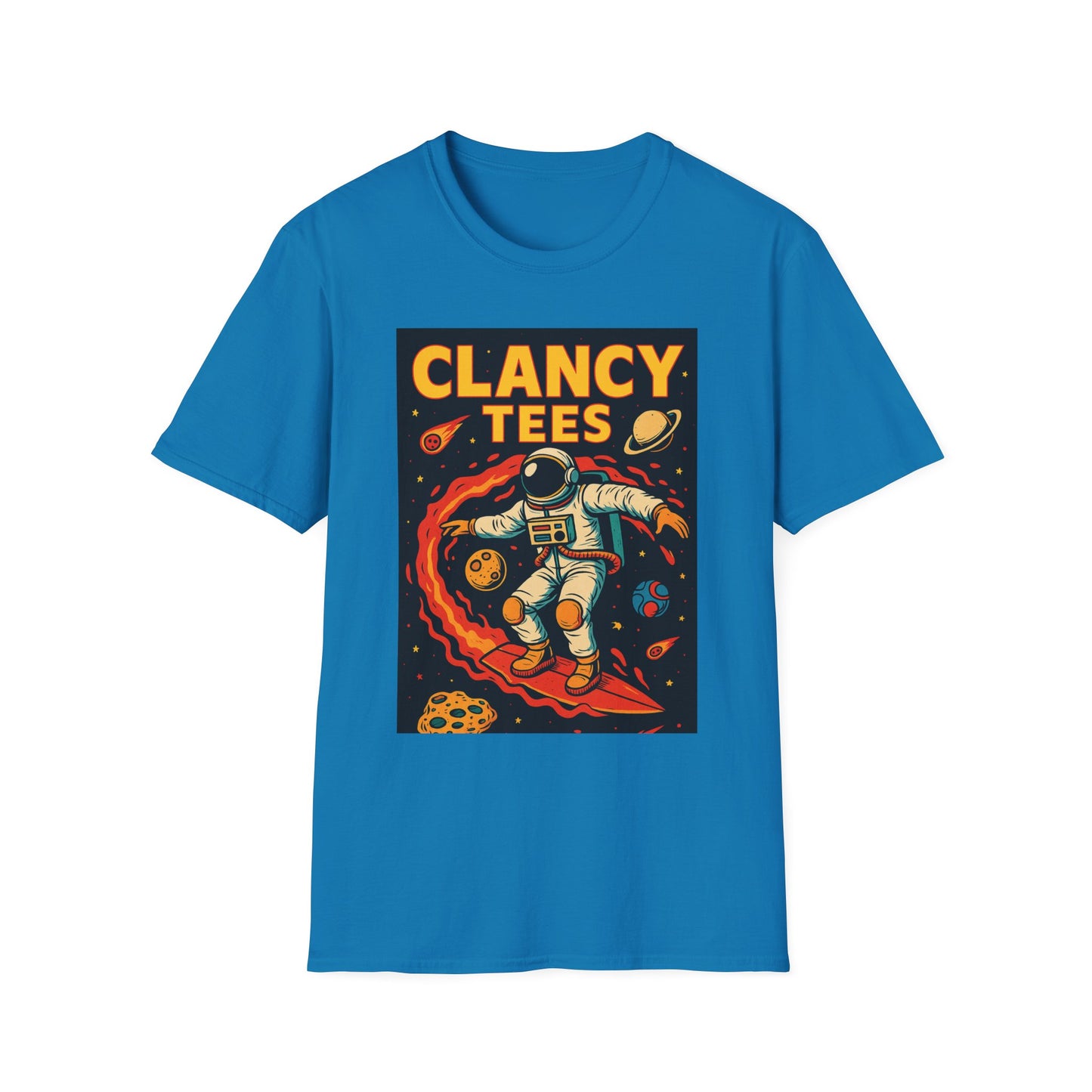 Astronaut Surfing T-Shirt – Outer Space Surfer Tee – Gift for Sci-Fi Beach Bums, Stoner Surfers, and Cosmic Wave Riders