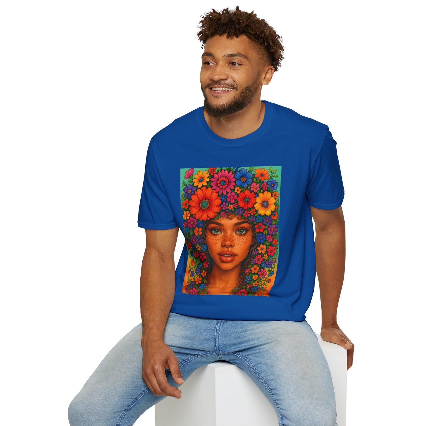 Flower Crown Woman T-Shirt – Afro Boho Floral Portrait Tee – Vibrant Art Shirt Gift for Nature Lovers, Hippies, Artists, and Bold Aesthetic Queens