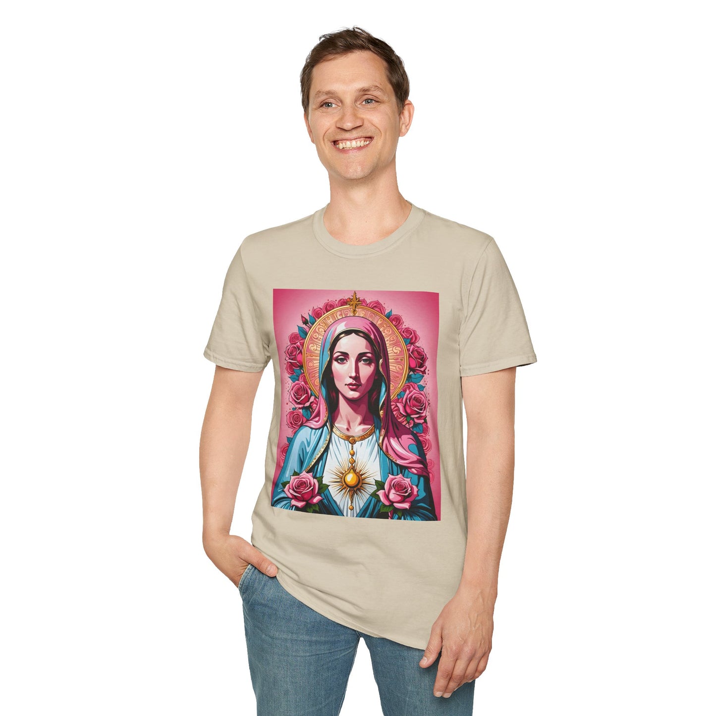 Unisex Softstyle T-Shirt with Sacred Heart Design, Spiritual Apparel, Artistic Gift for Many Occasions, Vintage Aesthetic, Festive Wear