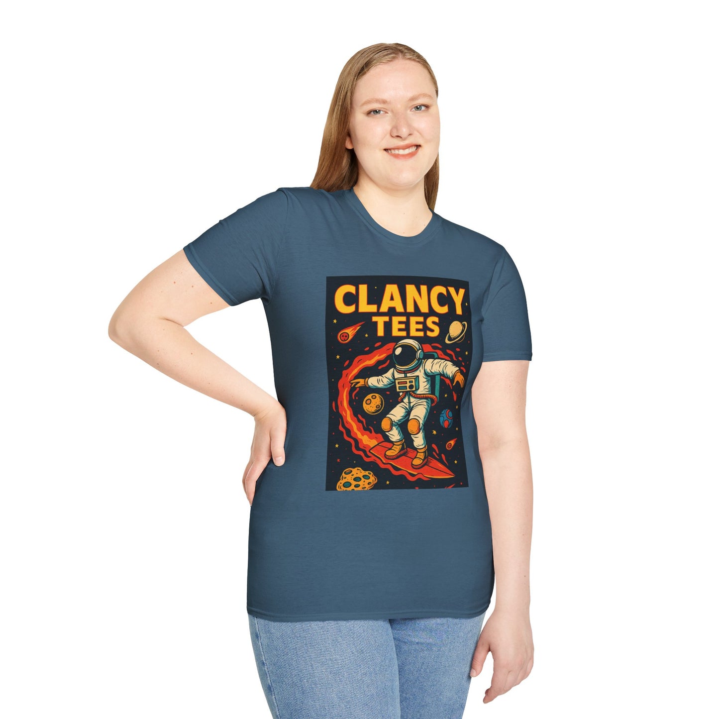 Astronaut Surfing T-Shirt – Outer Space Surfer Tee – Gift for Sci-Fi Beach Bums, Stoner Surfers, and Cosmic Wave Riders