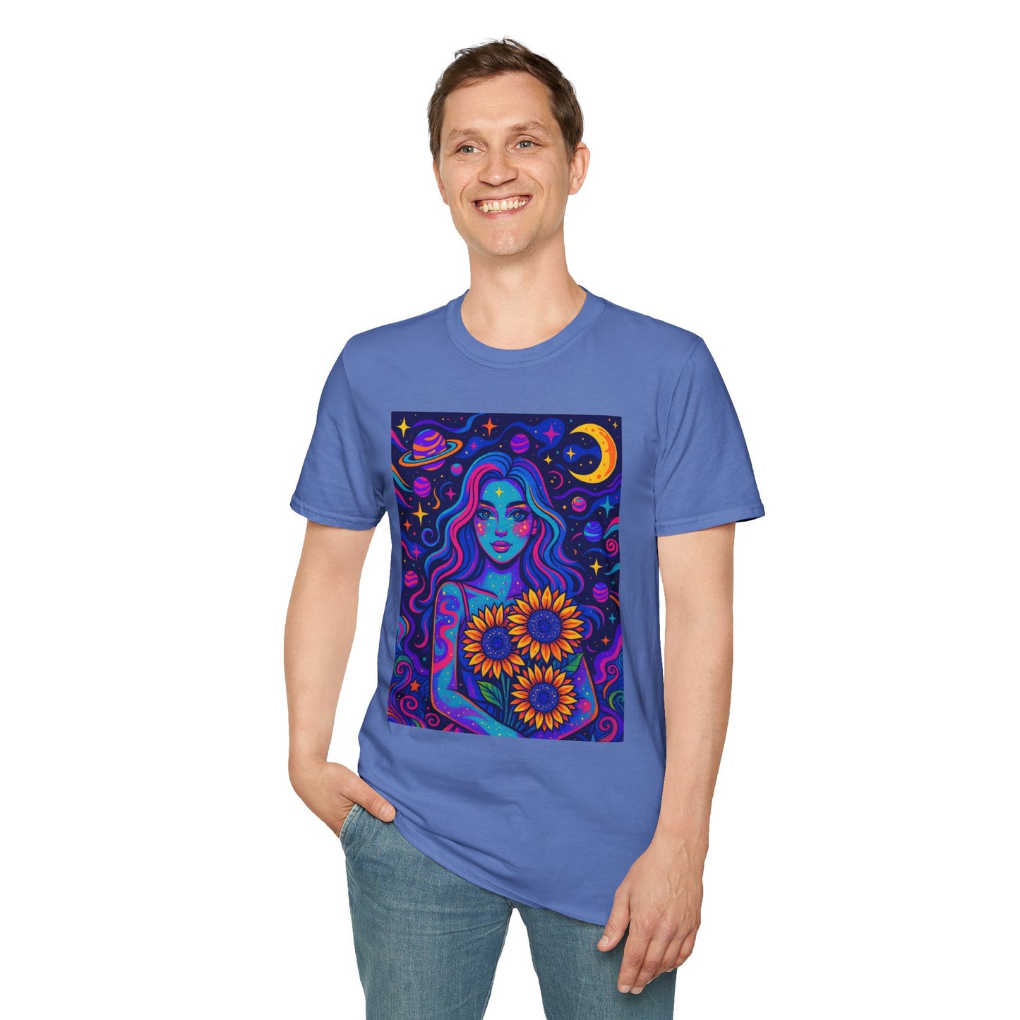 Psychedelic Sunflower Girl Shirt Trippy Space Goddess Tee Gift for Astrology Lovers Cosmic Art T Shirt for Hippies Star Gazers and Moon Magic Fans
