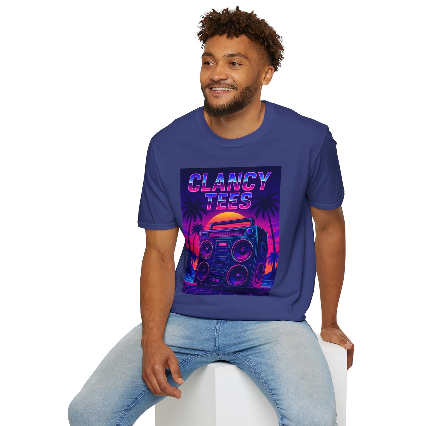 Retro Boombox Sunset Tee – Vaporwave Clancy Tees Shirt – Gift for 80s Kids, Music Lovers, Synthwave Fans & Nostalgic Neon Dreamers